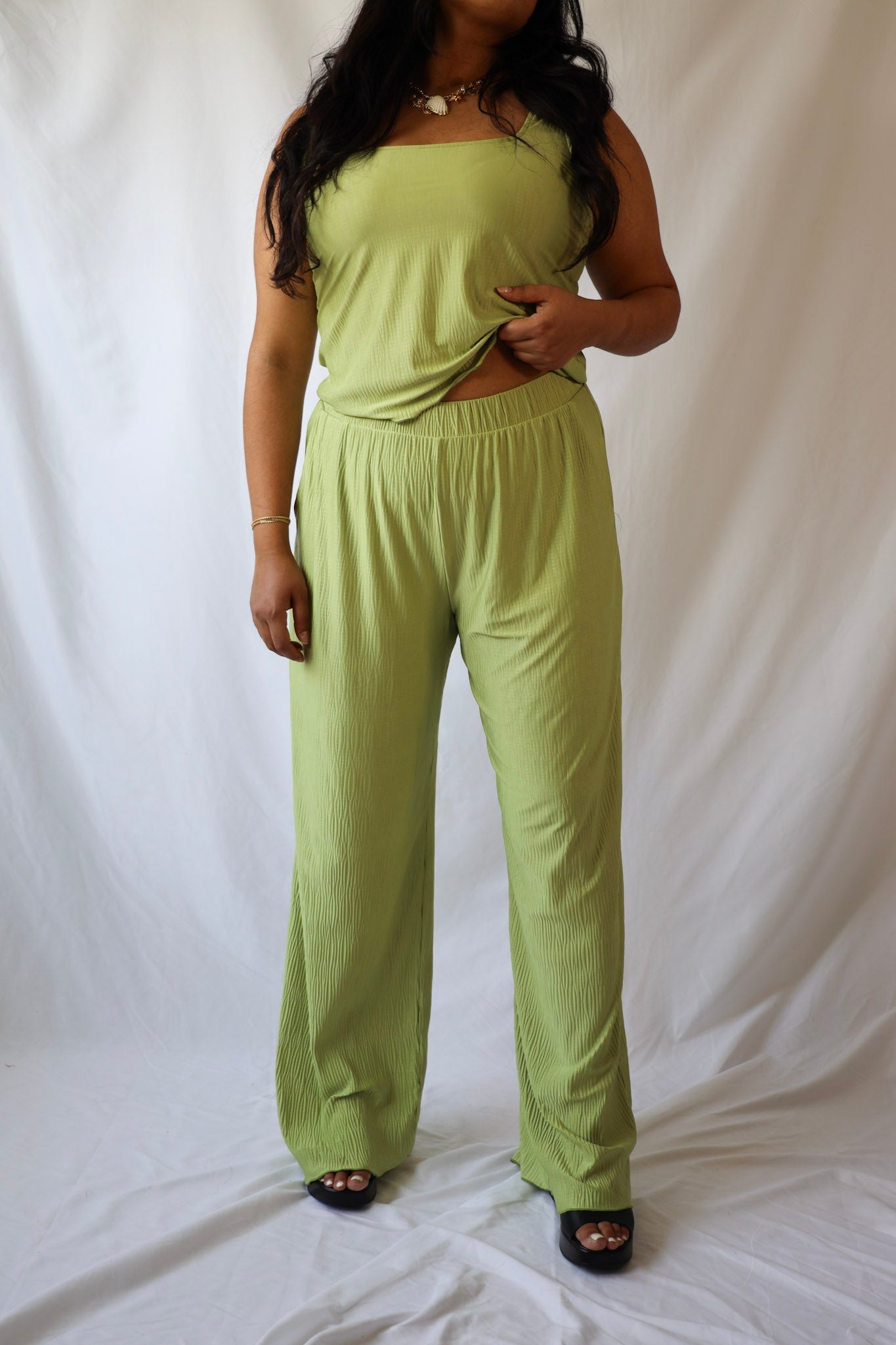 Green Square Neck Pleated Top