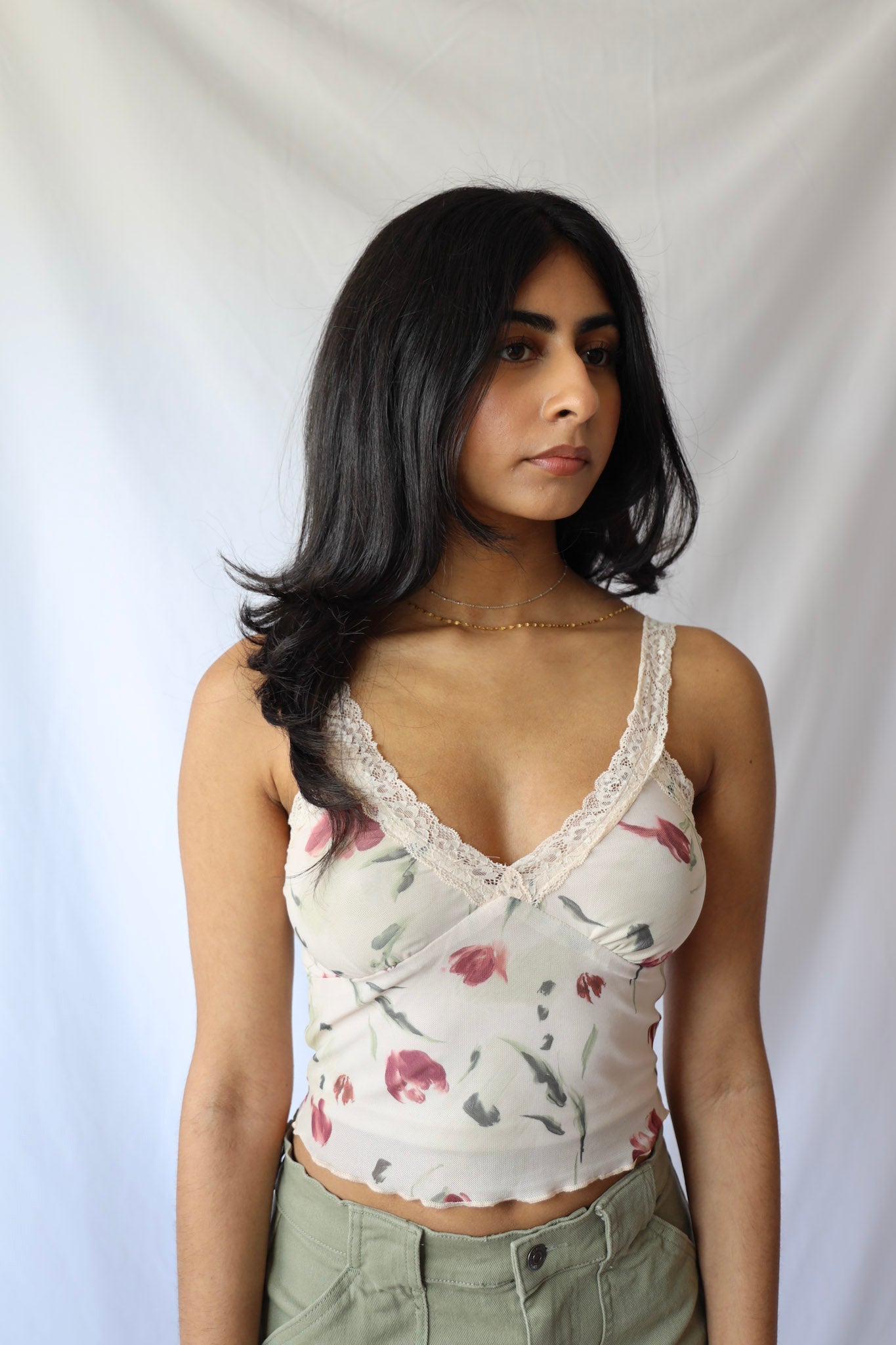 Moody Floral Mesh Lace Shoulder Cami Top