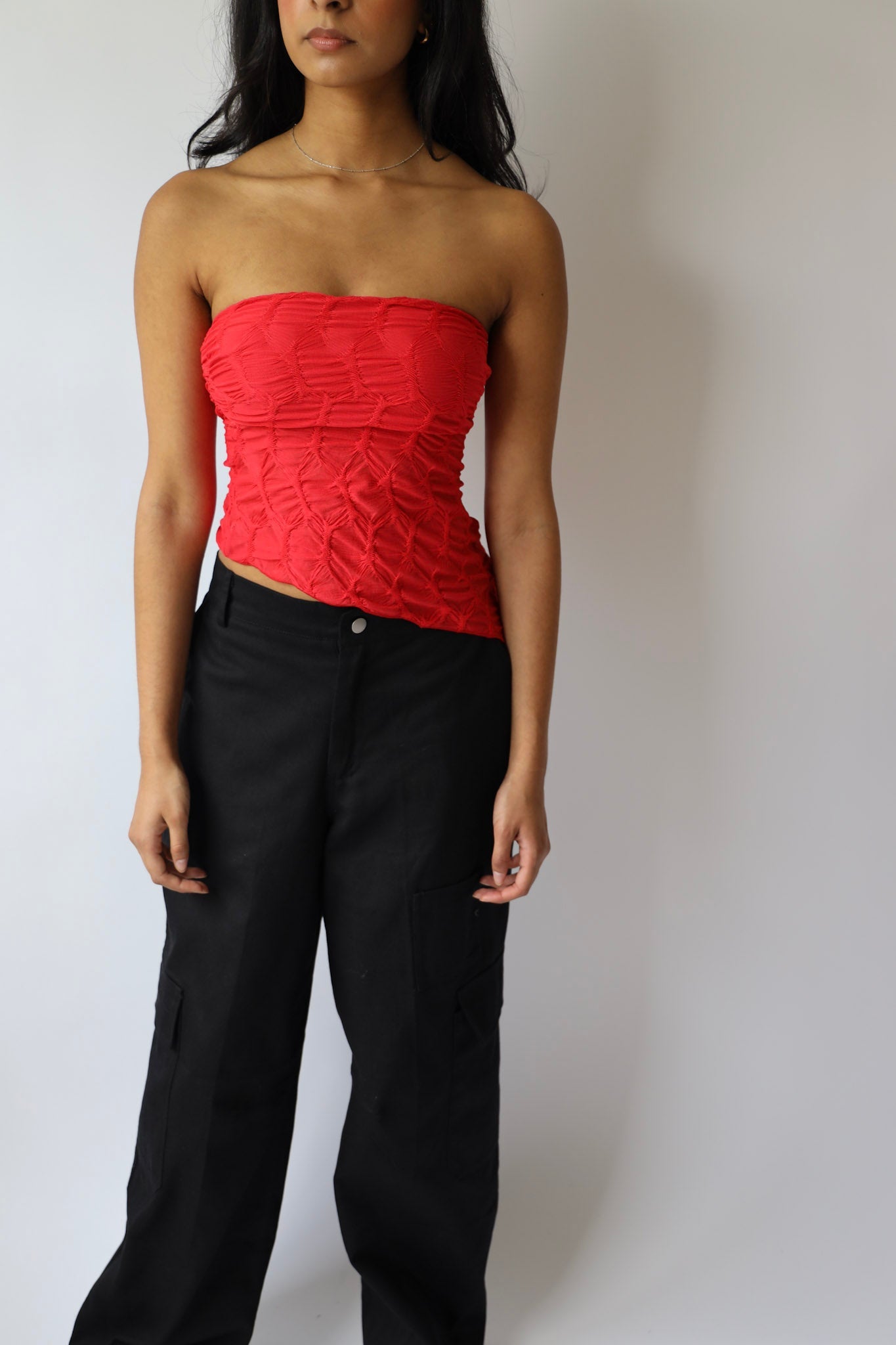 Red Textured Asymmetrical Tube Top