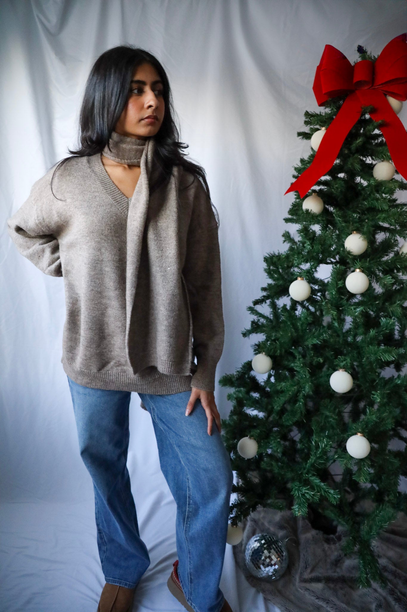 Solid Loose Fit Long Sleeve Sweater w/ Scarf