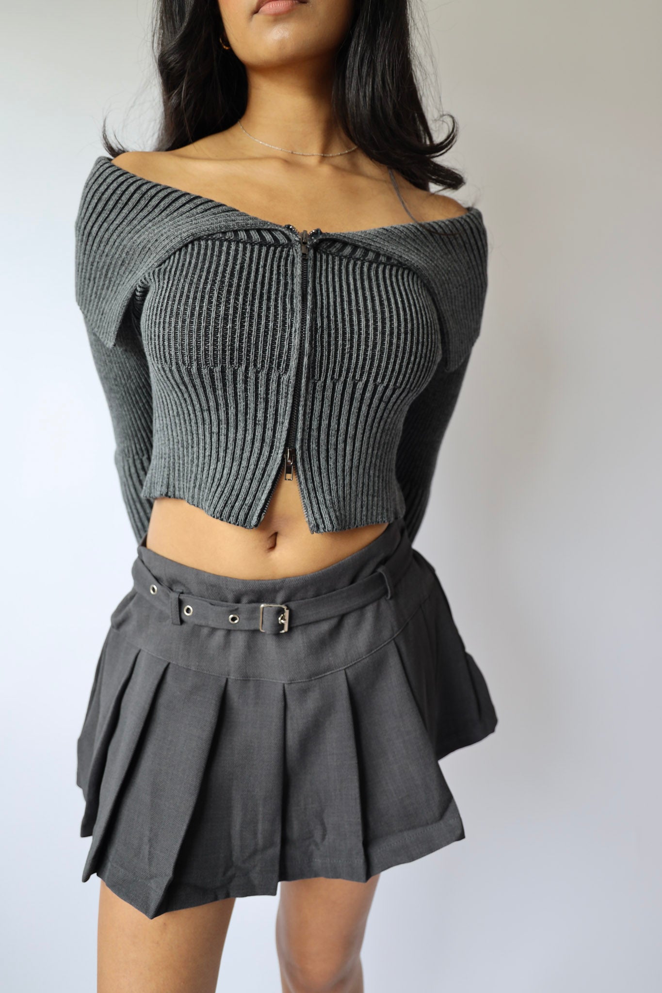 Washed Off-Shoulder Zip-Front Sweater Top