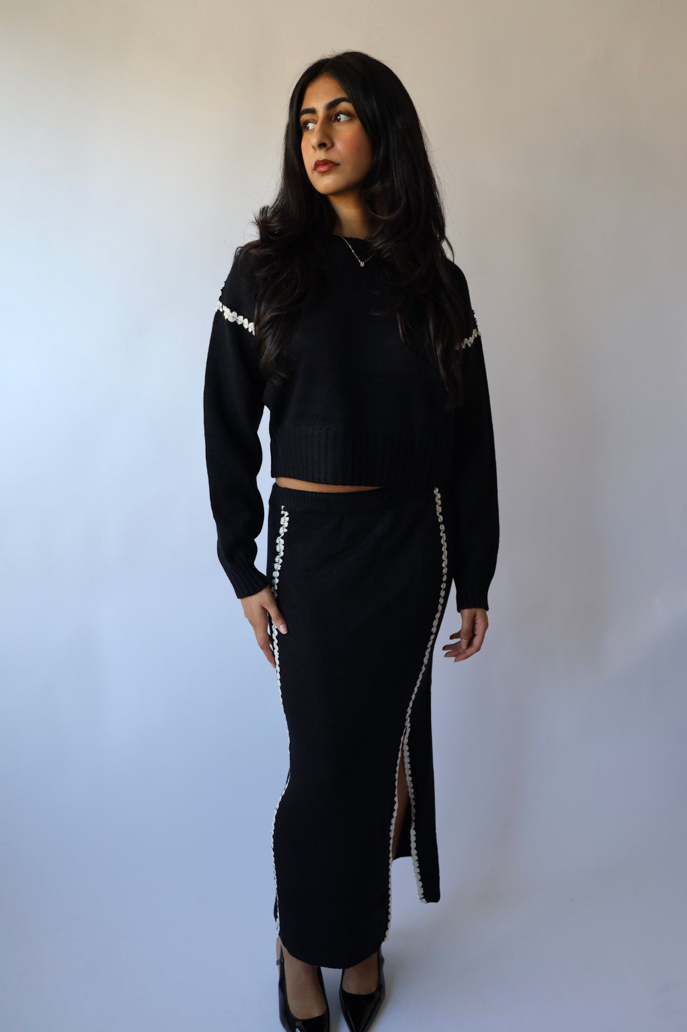 Contrast Stitch Knit Sweater and Long Skirt Set (Sold as a Set)