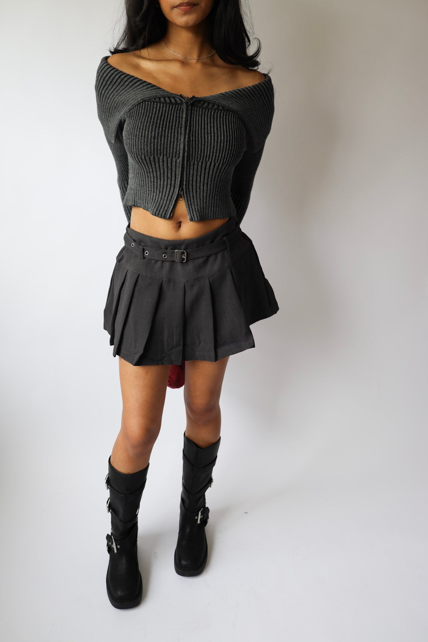 Washed Off-Shoulder Zip-Front Sweater Top