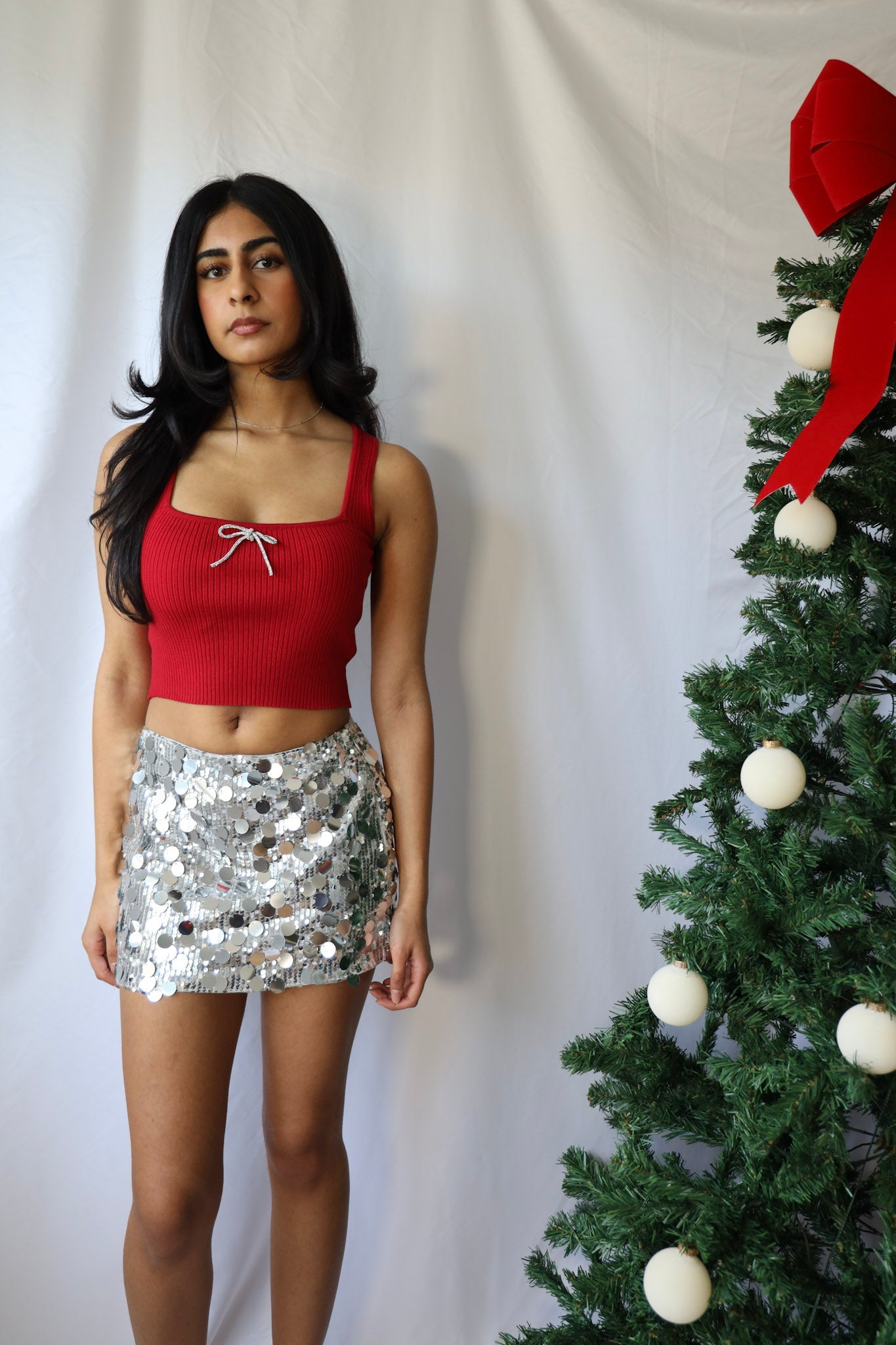 Square Neck Sleeveless Rhinestone Bow Trim Sweater Top