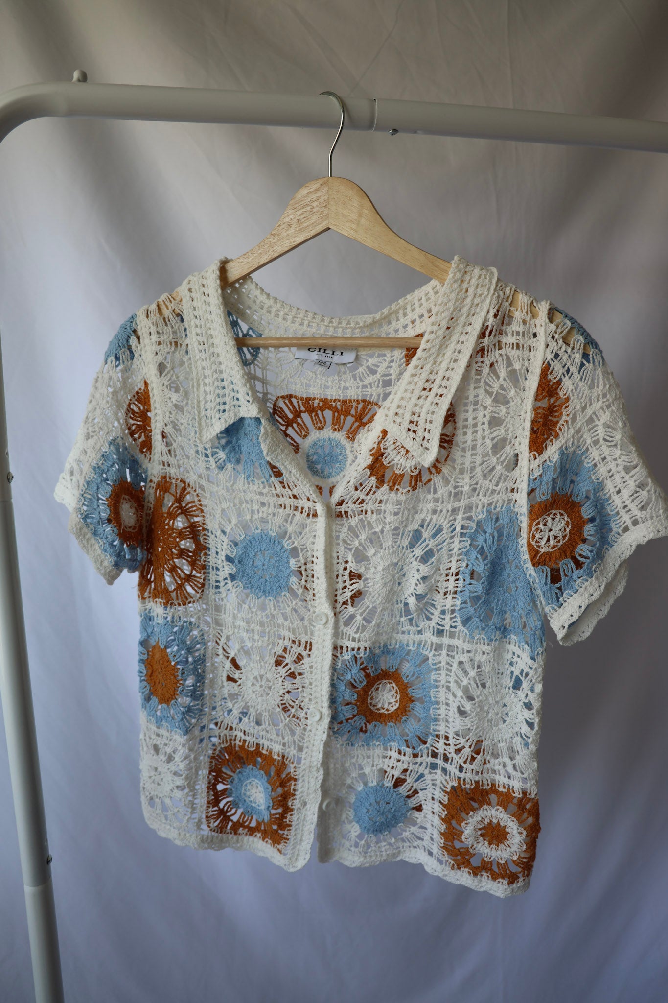 Orange and Blue Crochet Tile Button Down Top