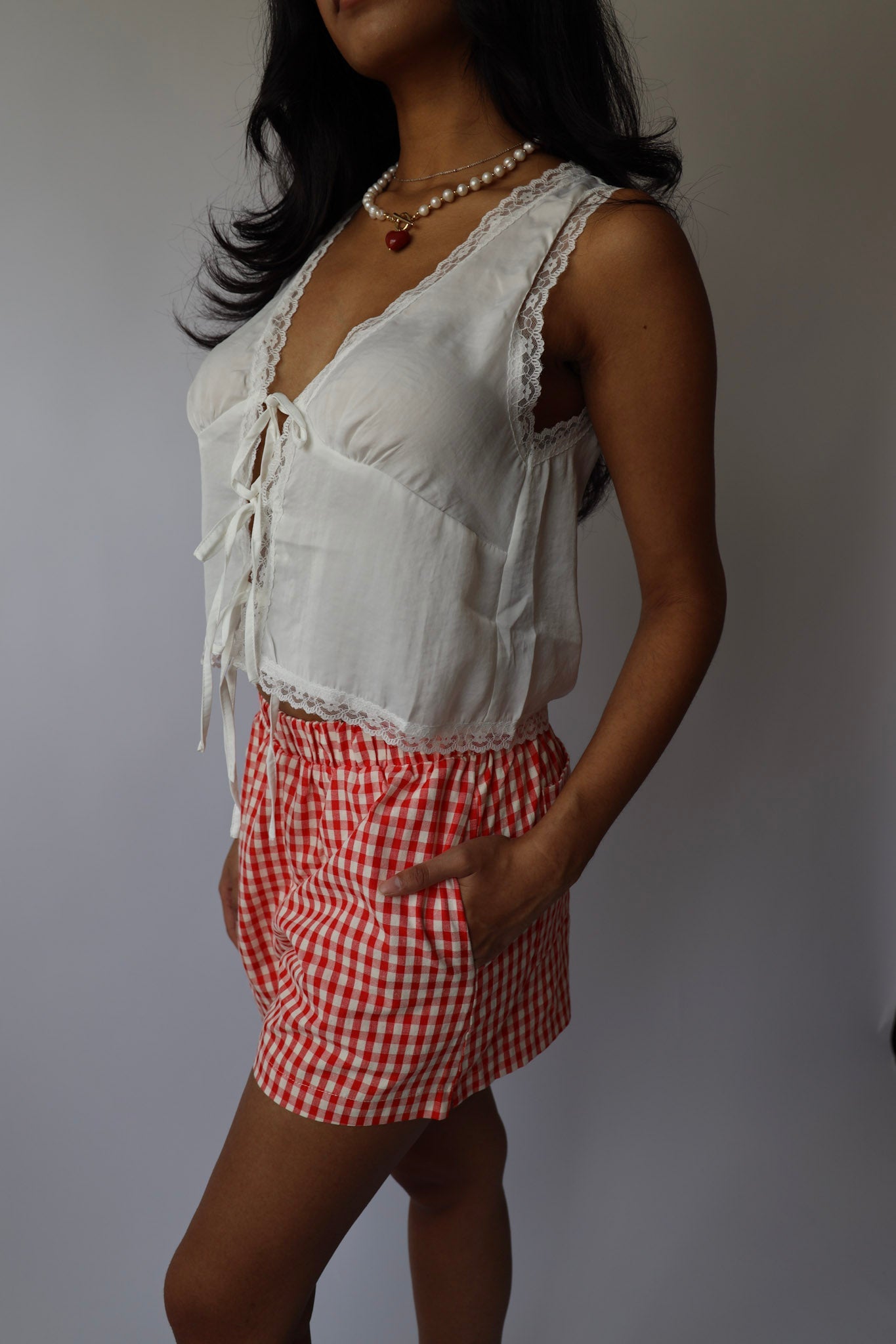 Lace Trim Satin Tie Front Top