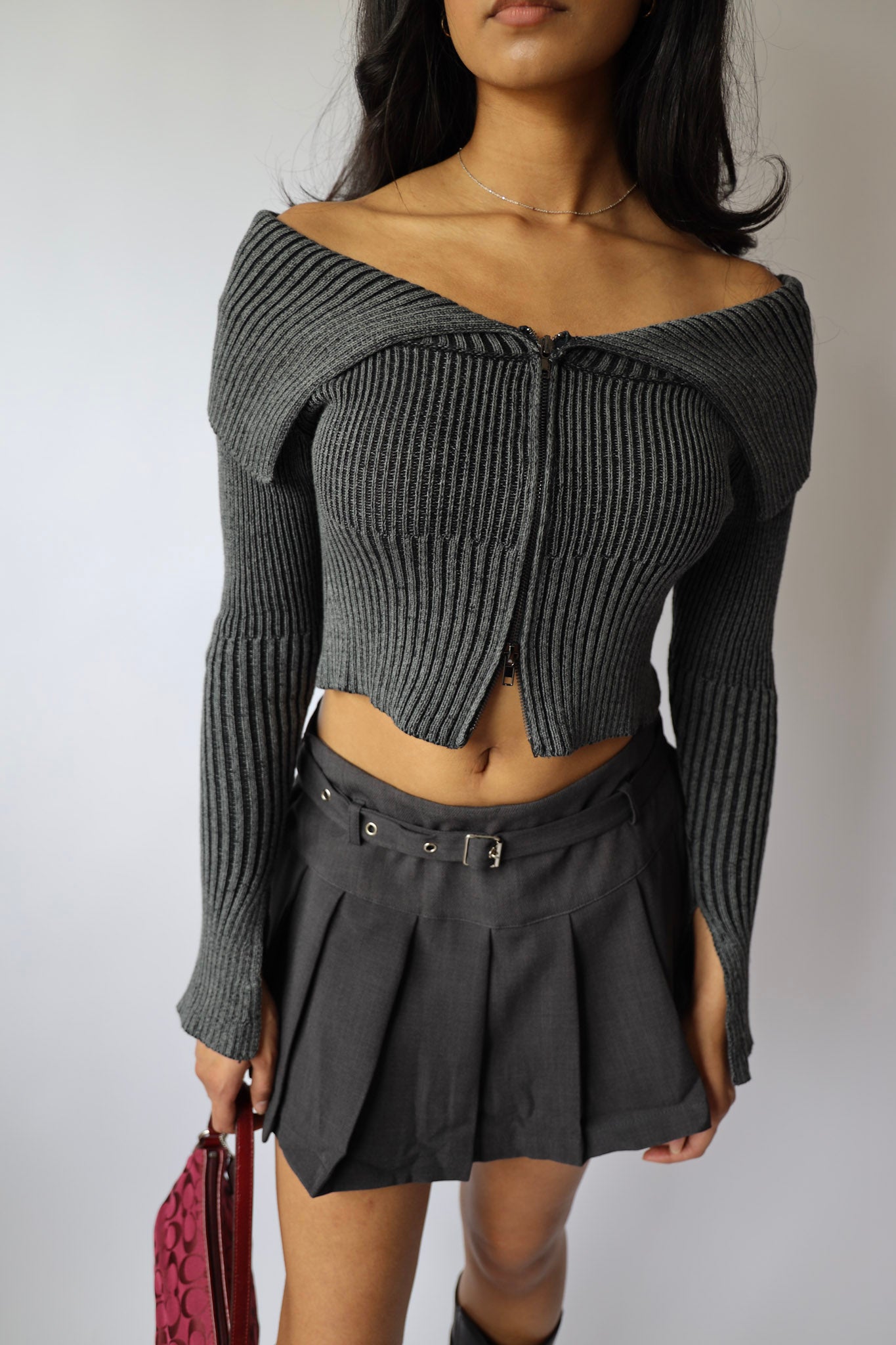 Washed Off-Shoulder Zip-Front Sweater Top