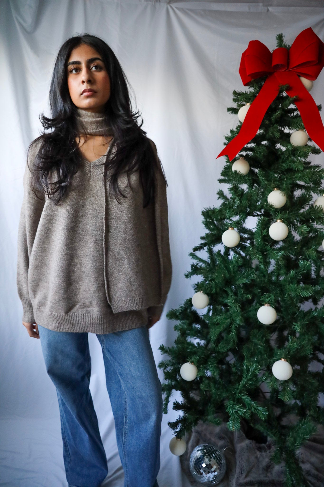 Solid Loose Fit Long Sleeve Sweater w/ Scarf