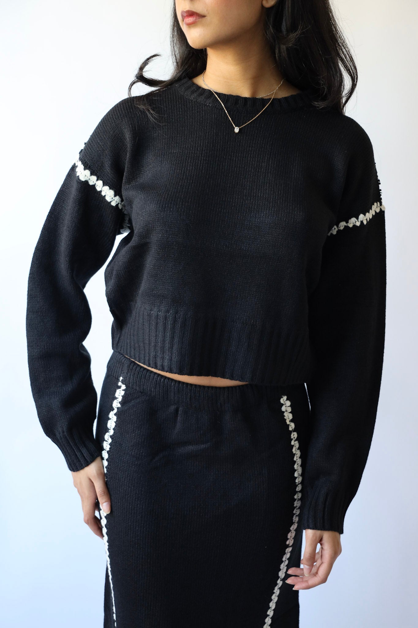 Contrast Stitch Knit Sweater and Long Skirt Set (Sold as a Set)