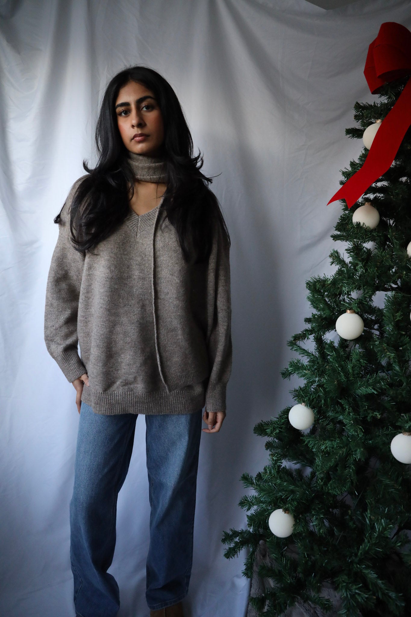 Solid Loose Fit Long Sleeve Sweater w/ Scarf
