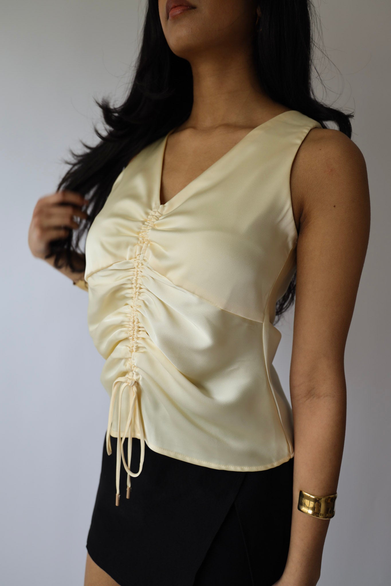 Champagne Satin Ruched Sleeveless Blouse