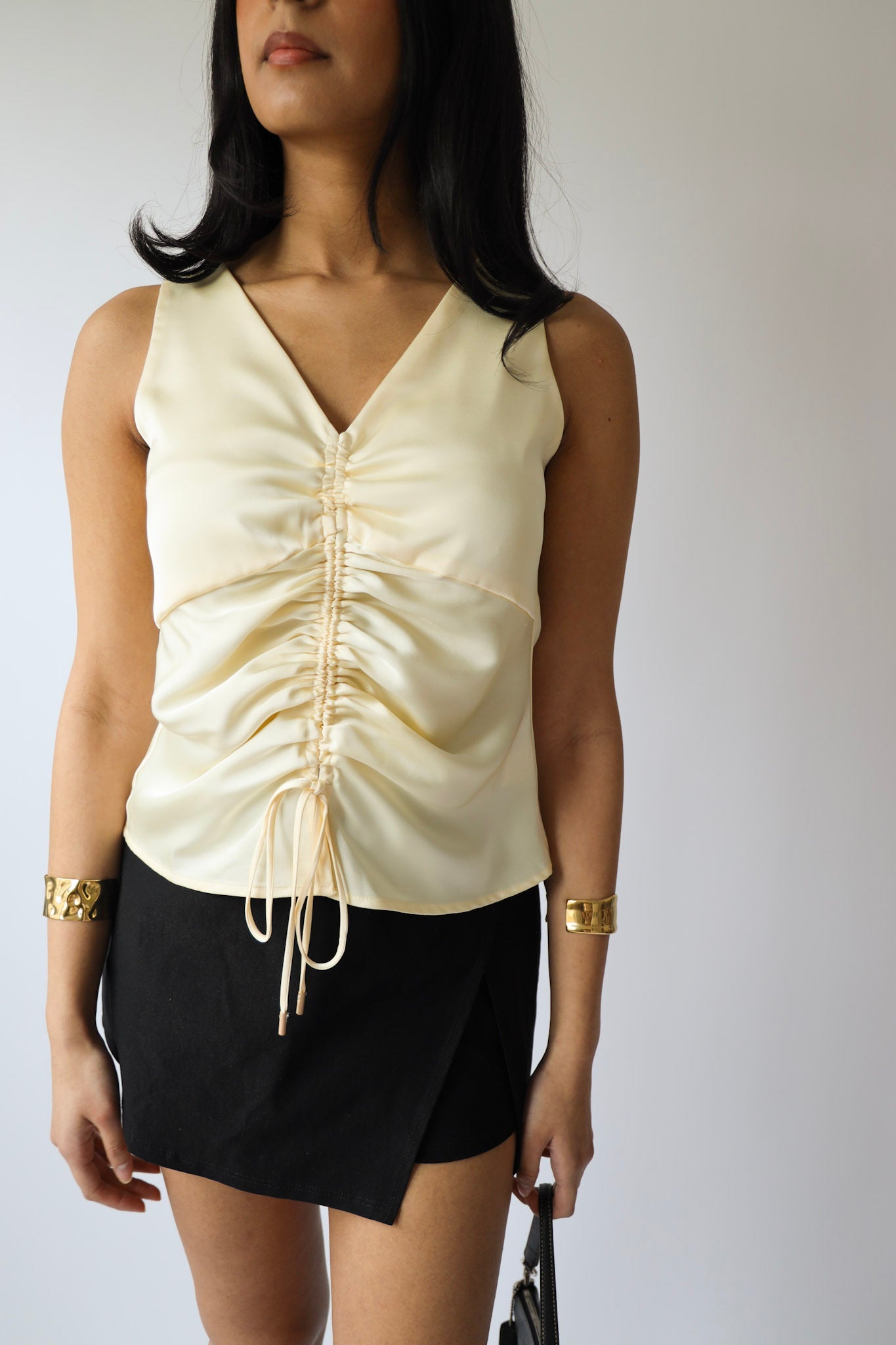 Champagne Satin Ruched Sleeveless Blouse