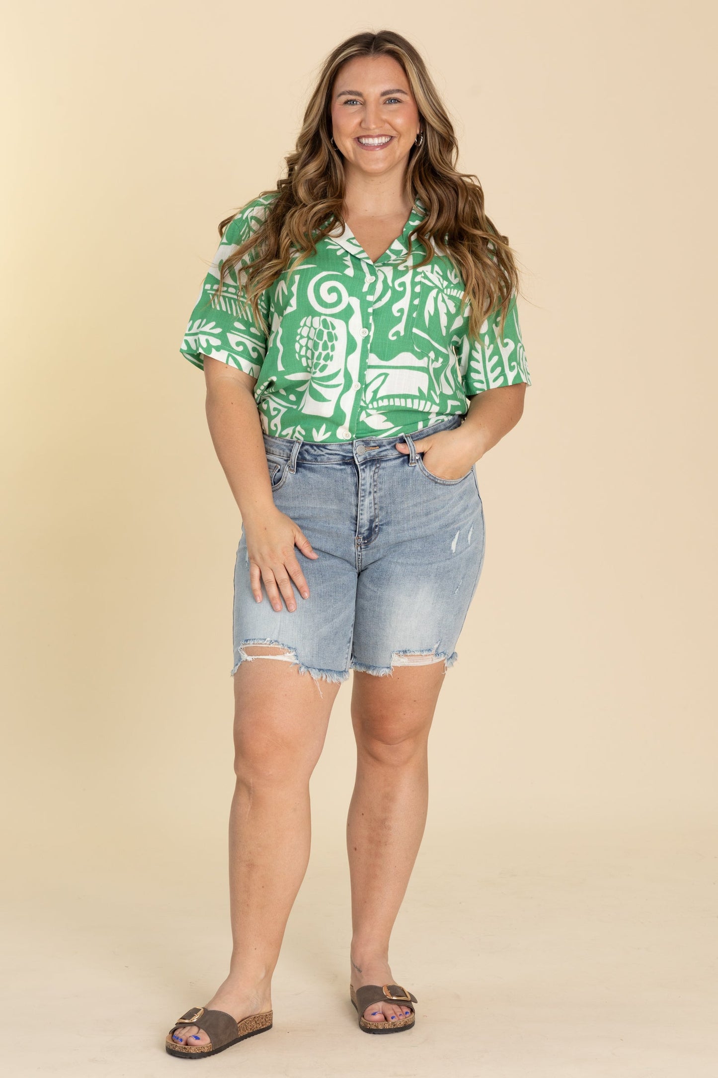 Risen Light Distressed Mid Length Shorts