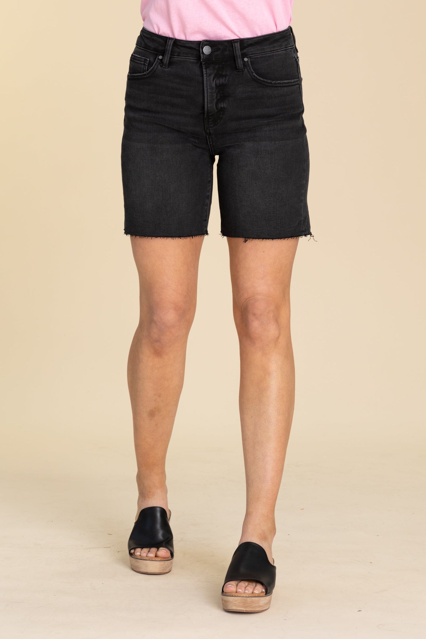 Risen Black Mid Length Raw Hem Shorts