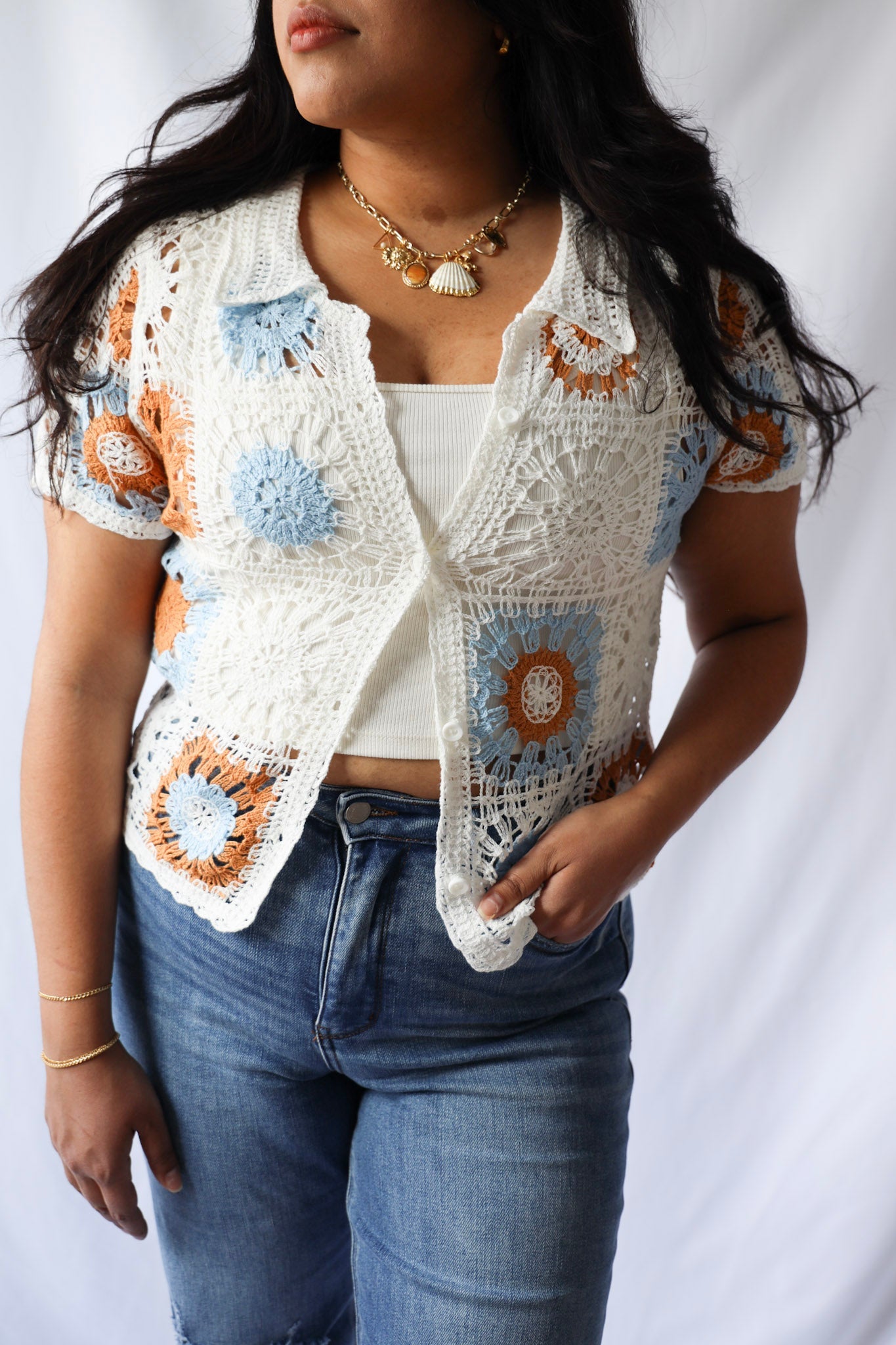 Orange and Blue Crochet Tile Button Down Top