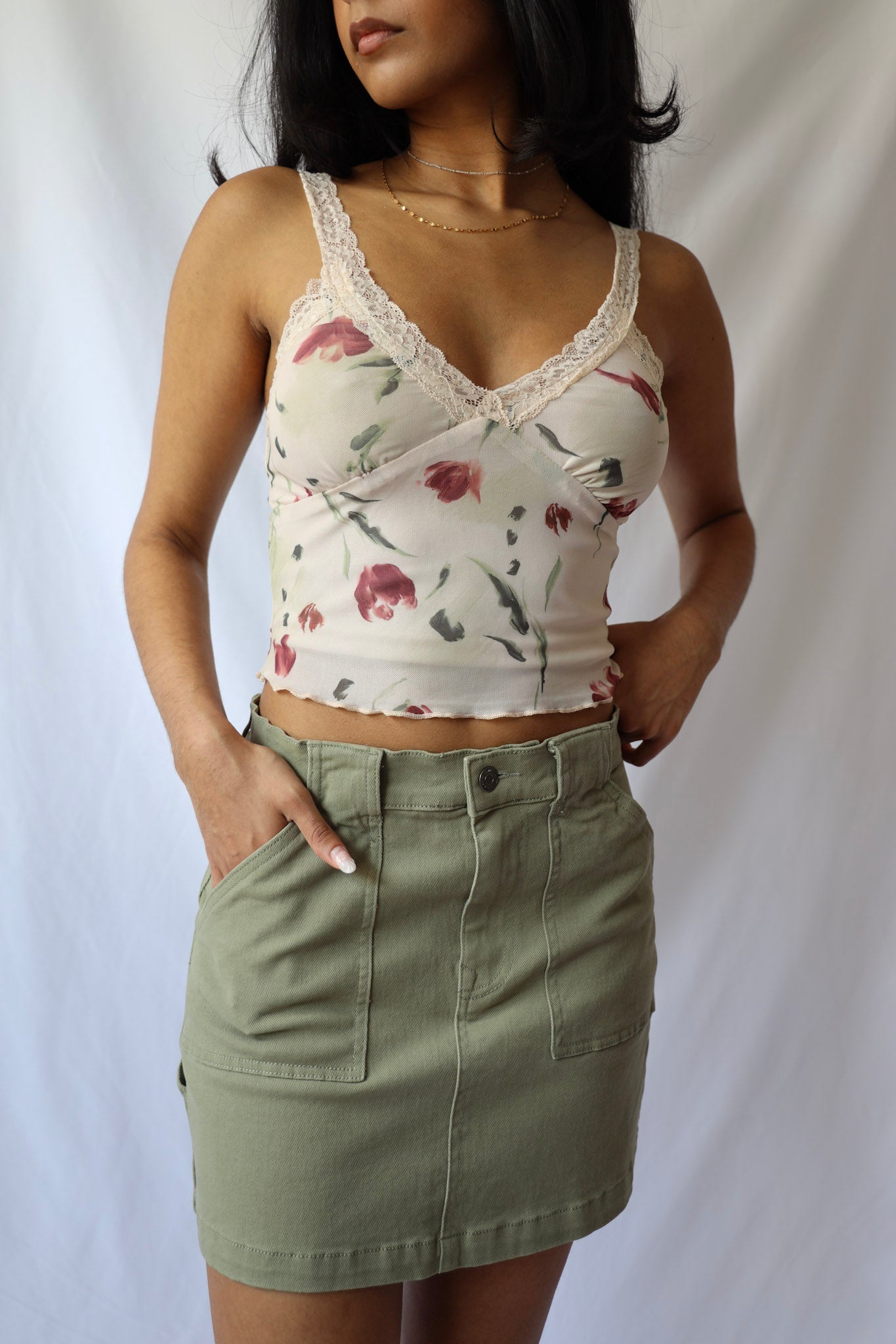 Moody Floral Mesh Lace Shoulder Cami Top