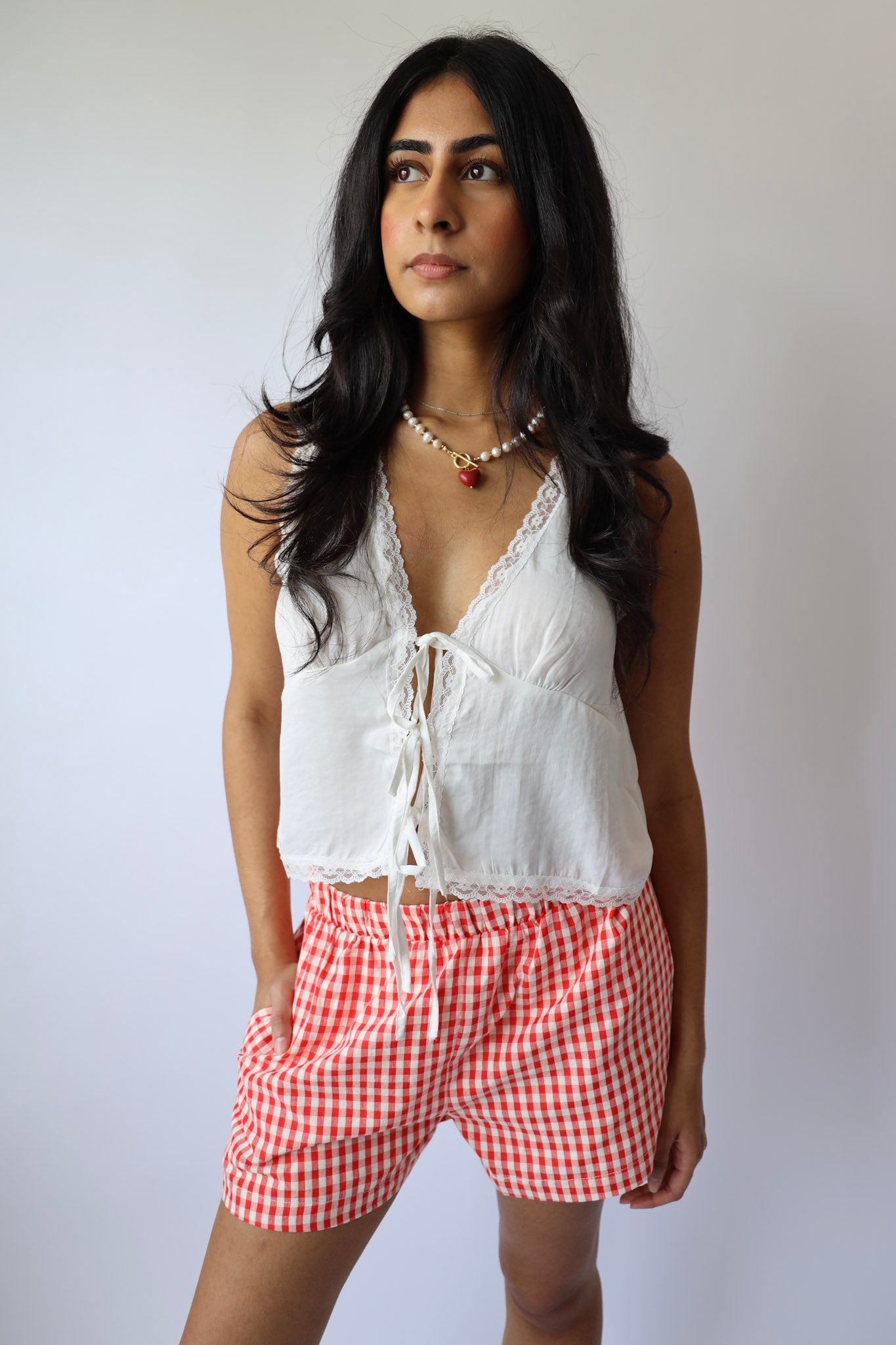 Lace Trim Satin Tie Front Top