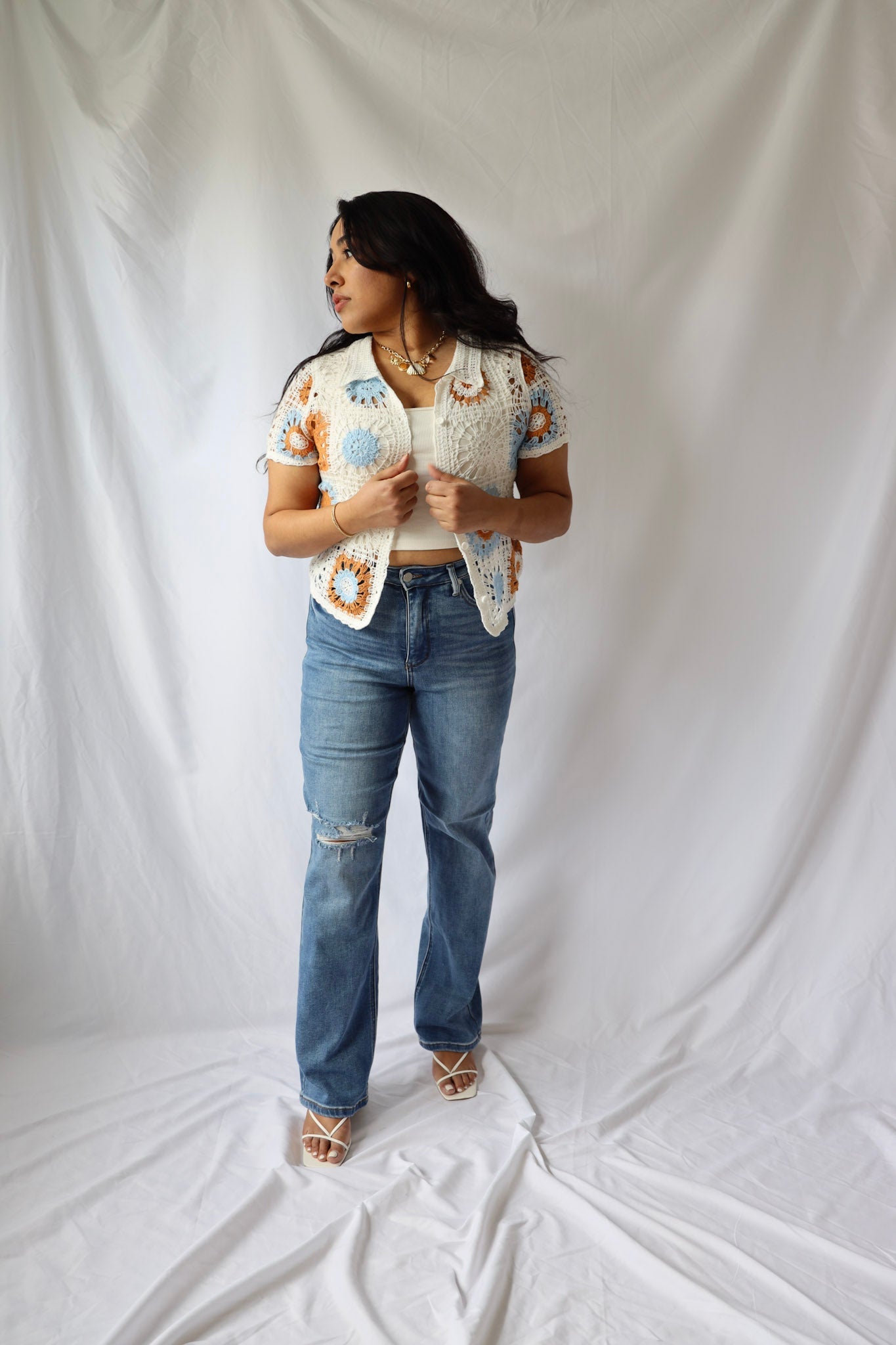 Orange and Blue Crochet Tile Button Down Top