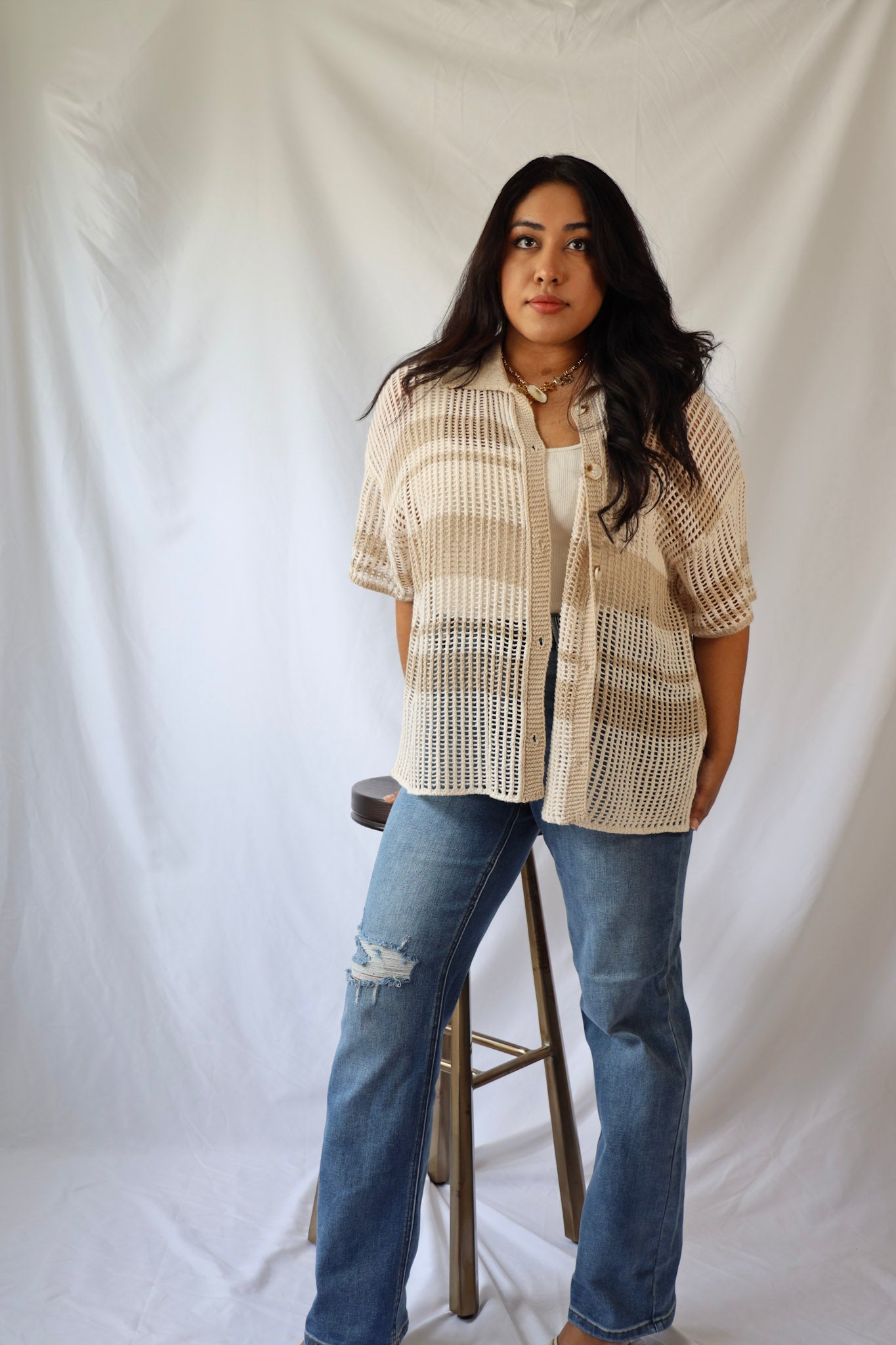 Open Knit Oversized Collar Top