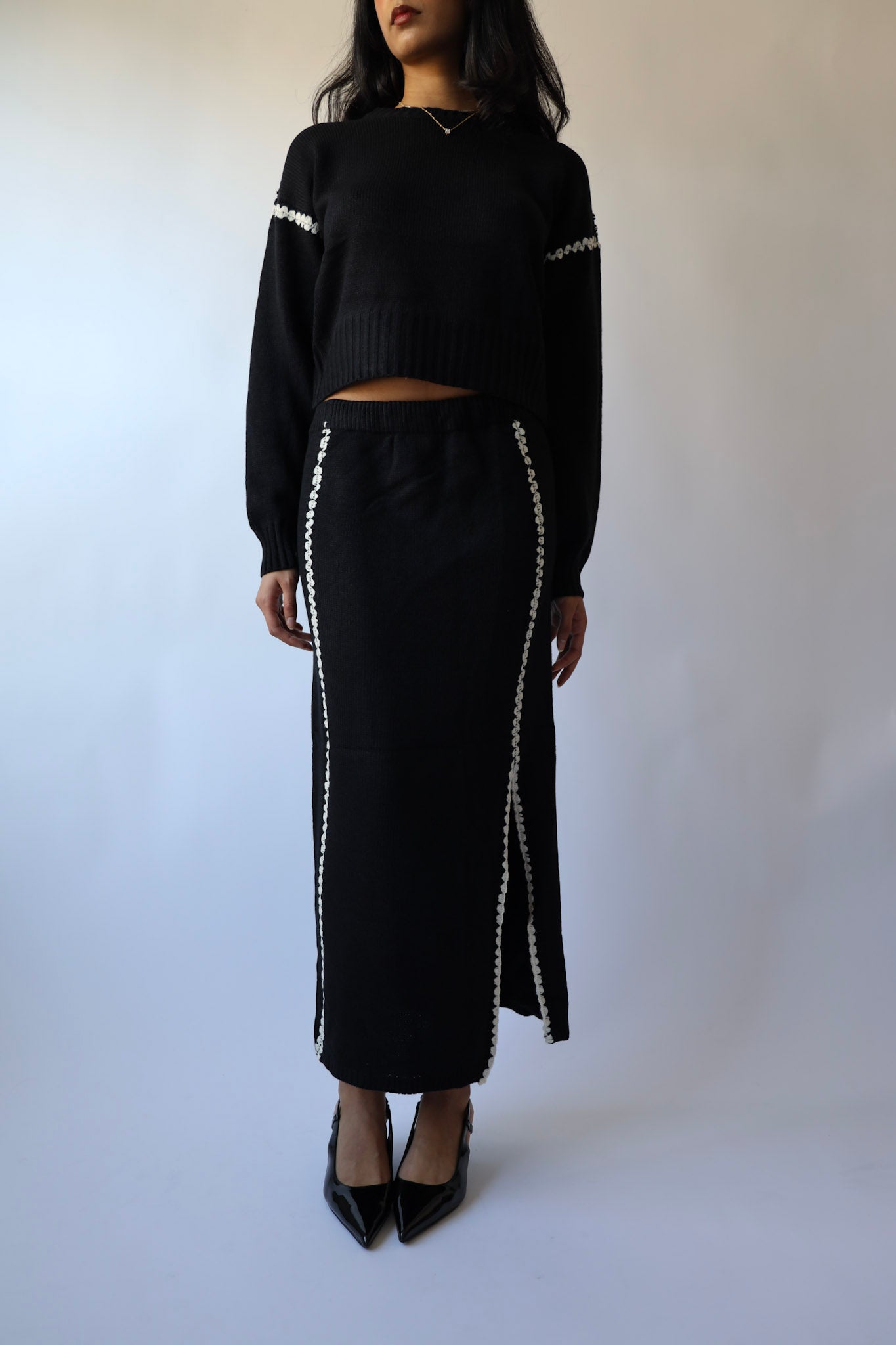 Contrast Stitch Knit Sweater and Long Skirt Set (Sold as a Set)