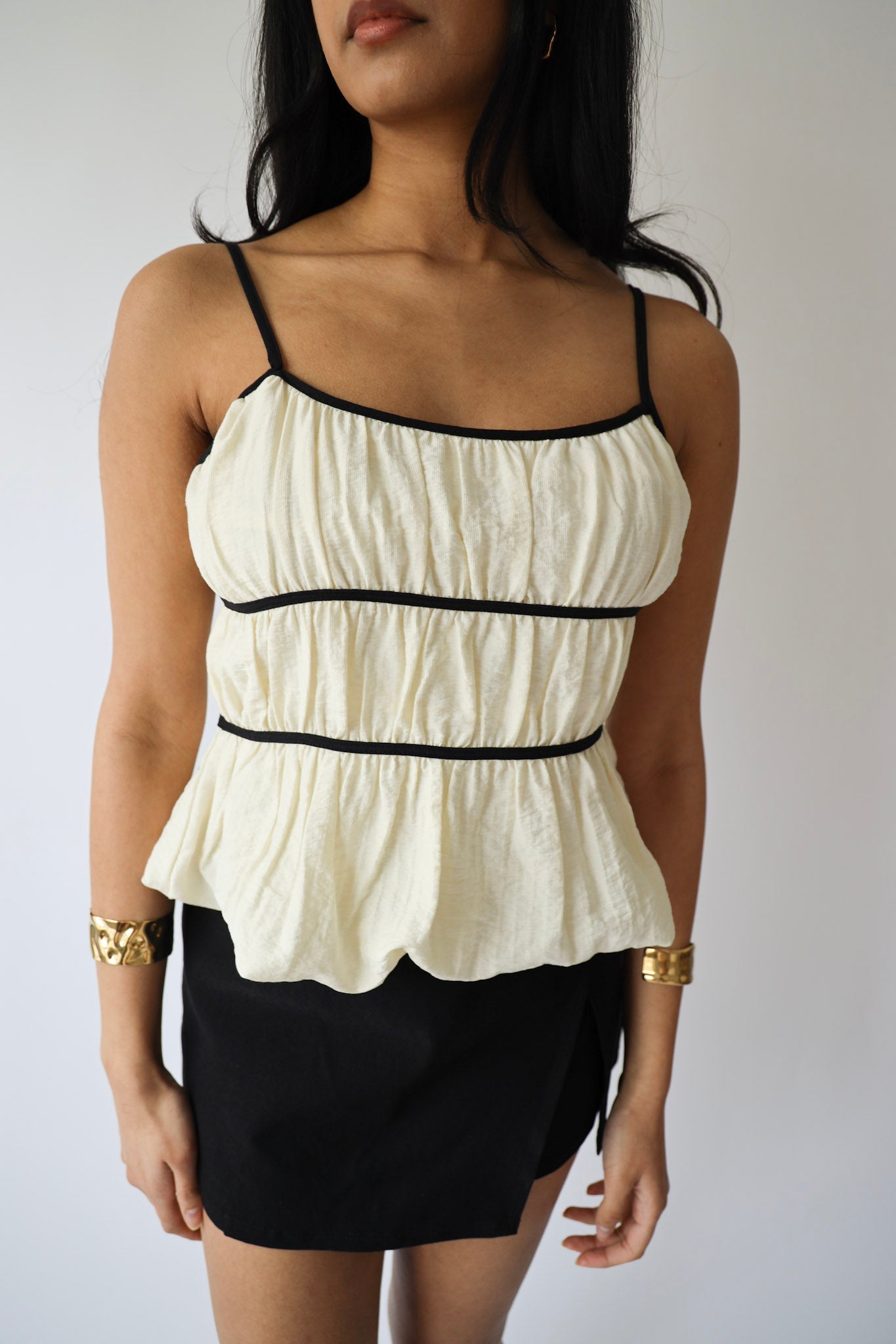 Tie Back Cream and Black Spaghetti Strap Top