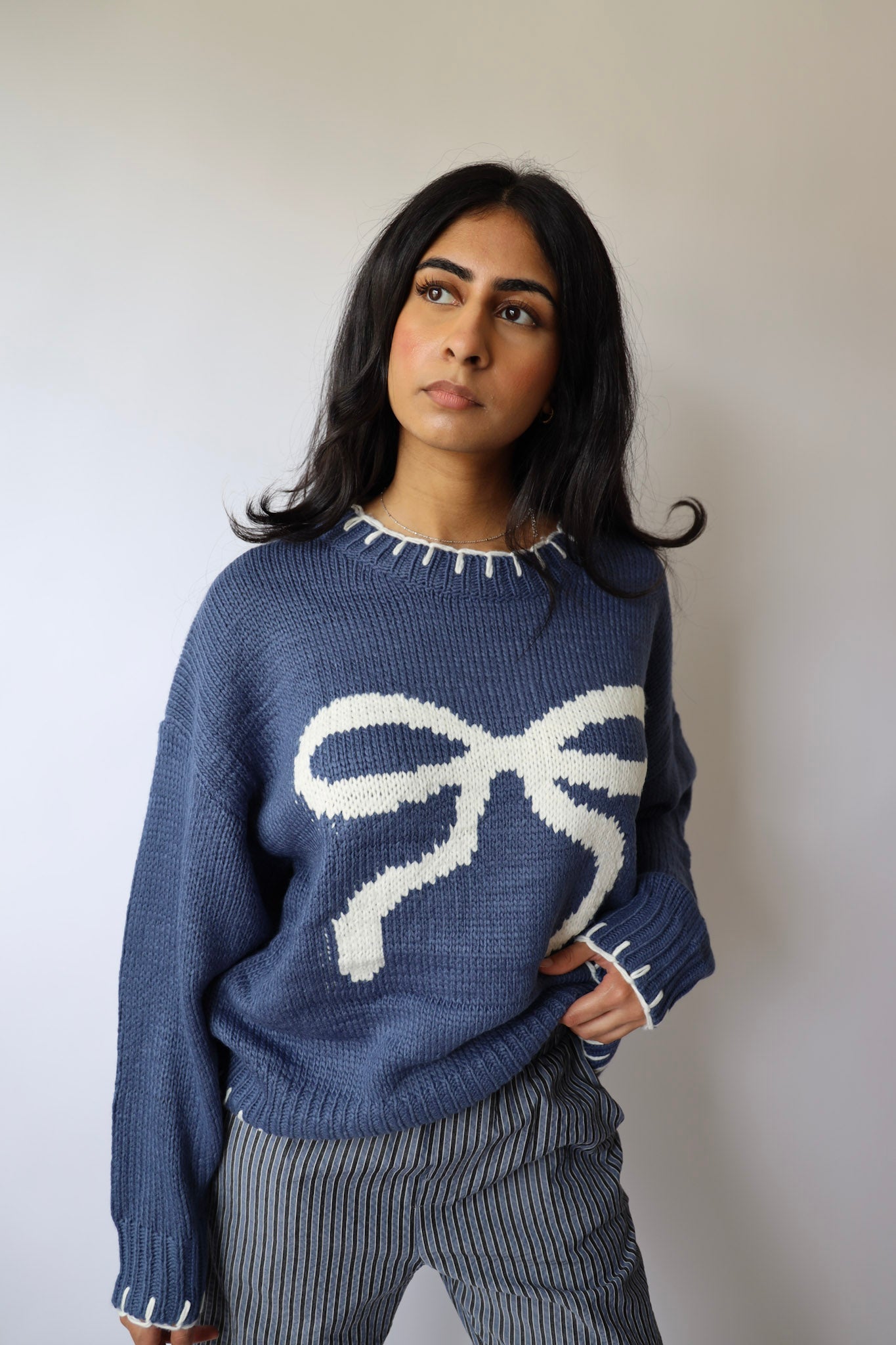 Ribbon Sweater with Stitched Hem