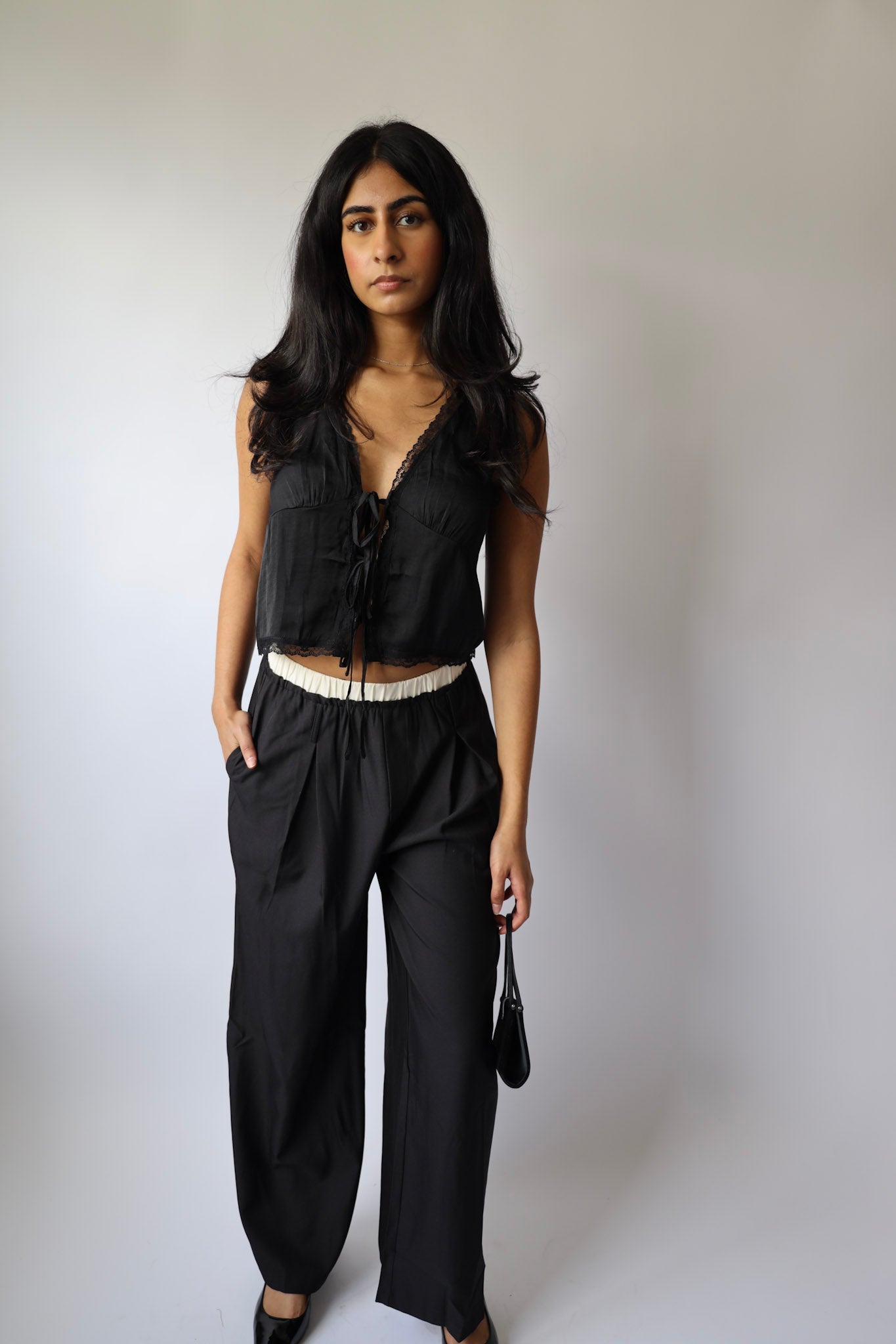 Lace Trim Satin Tie Front Top