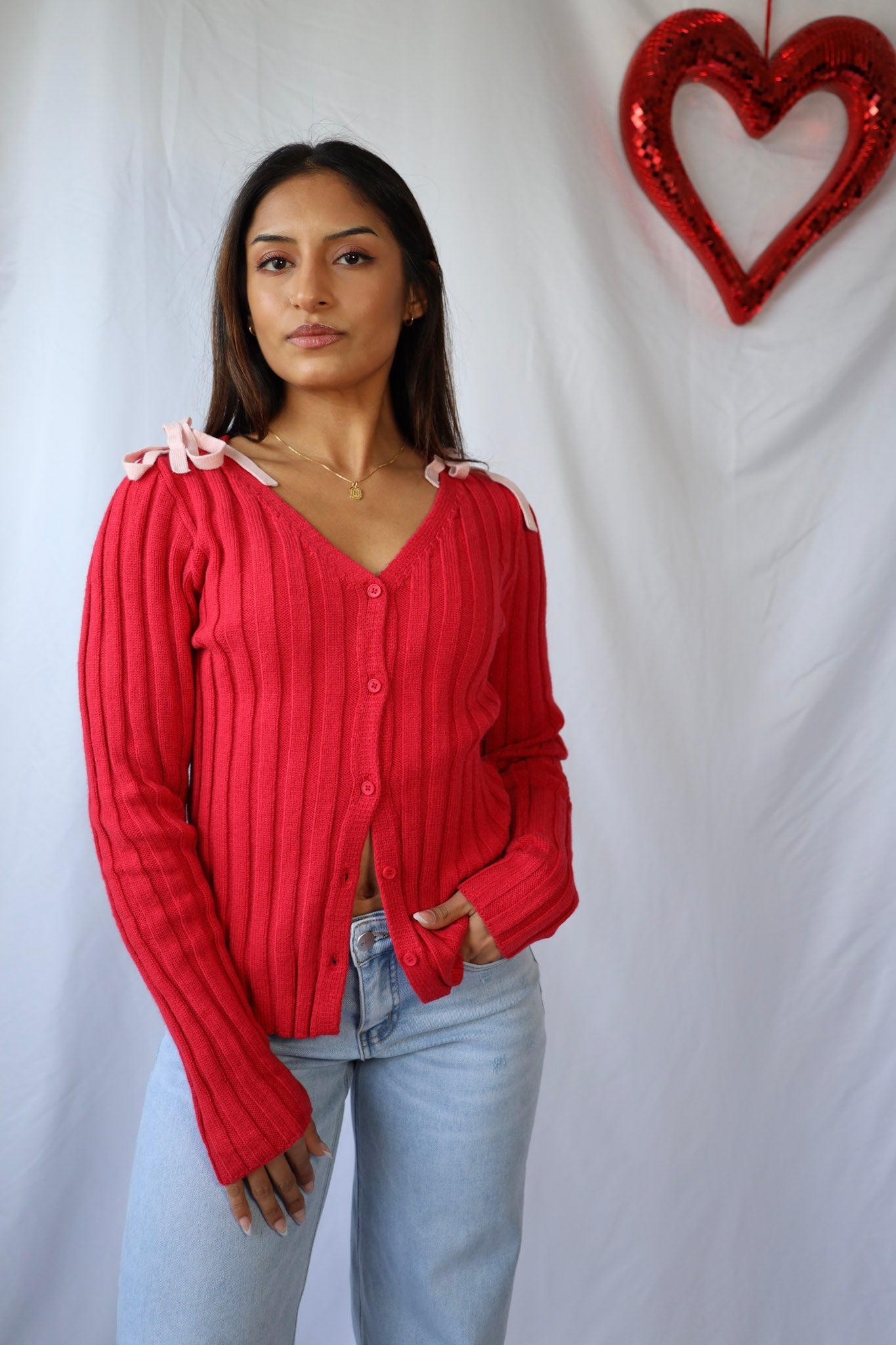 Red Cardigan with Pink Bows