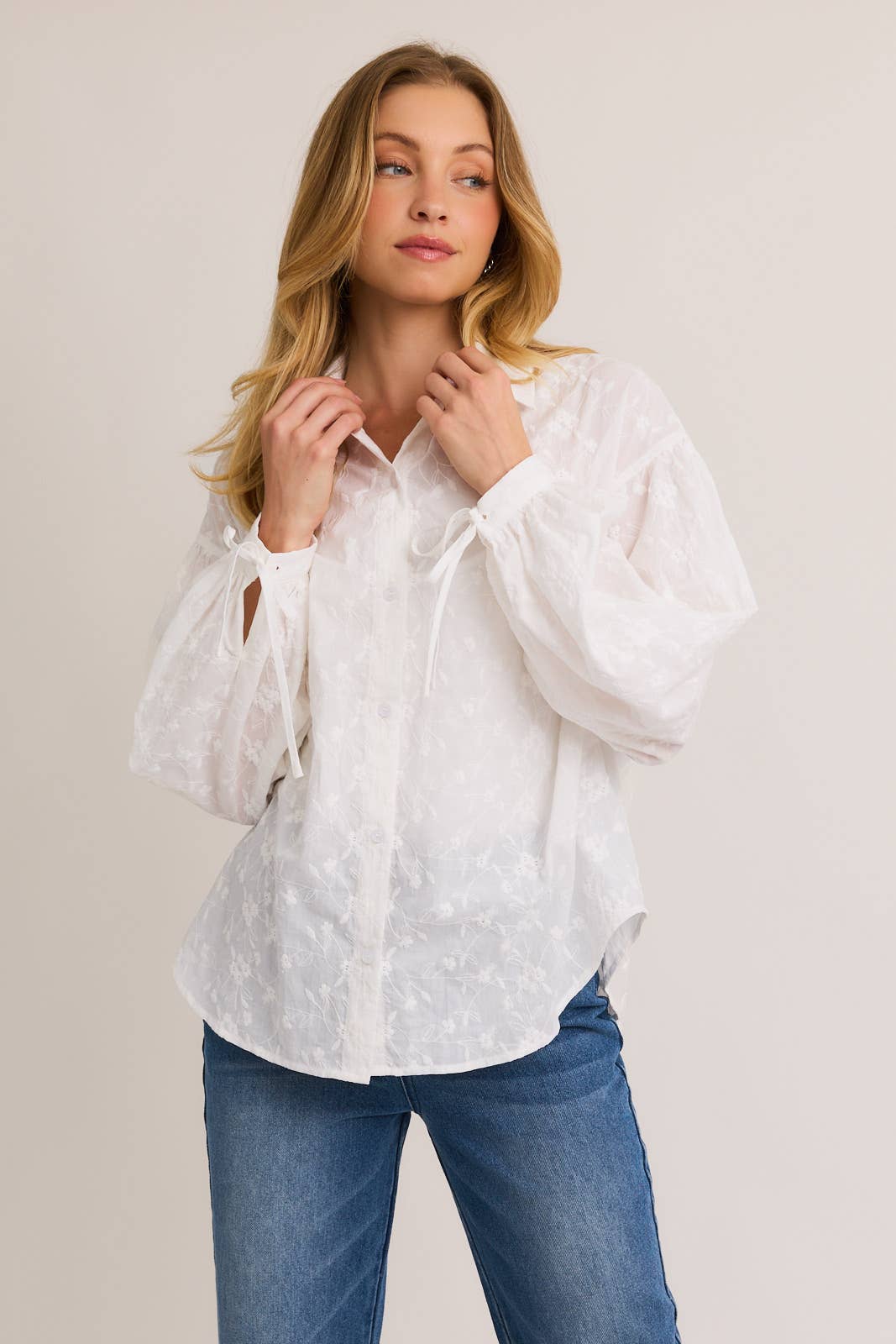 White Floral Embroidered Puff Sleeve Button Down