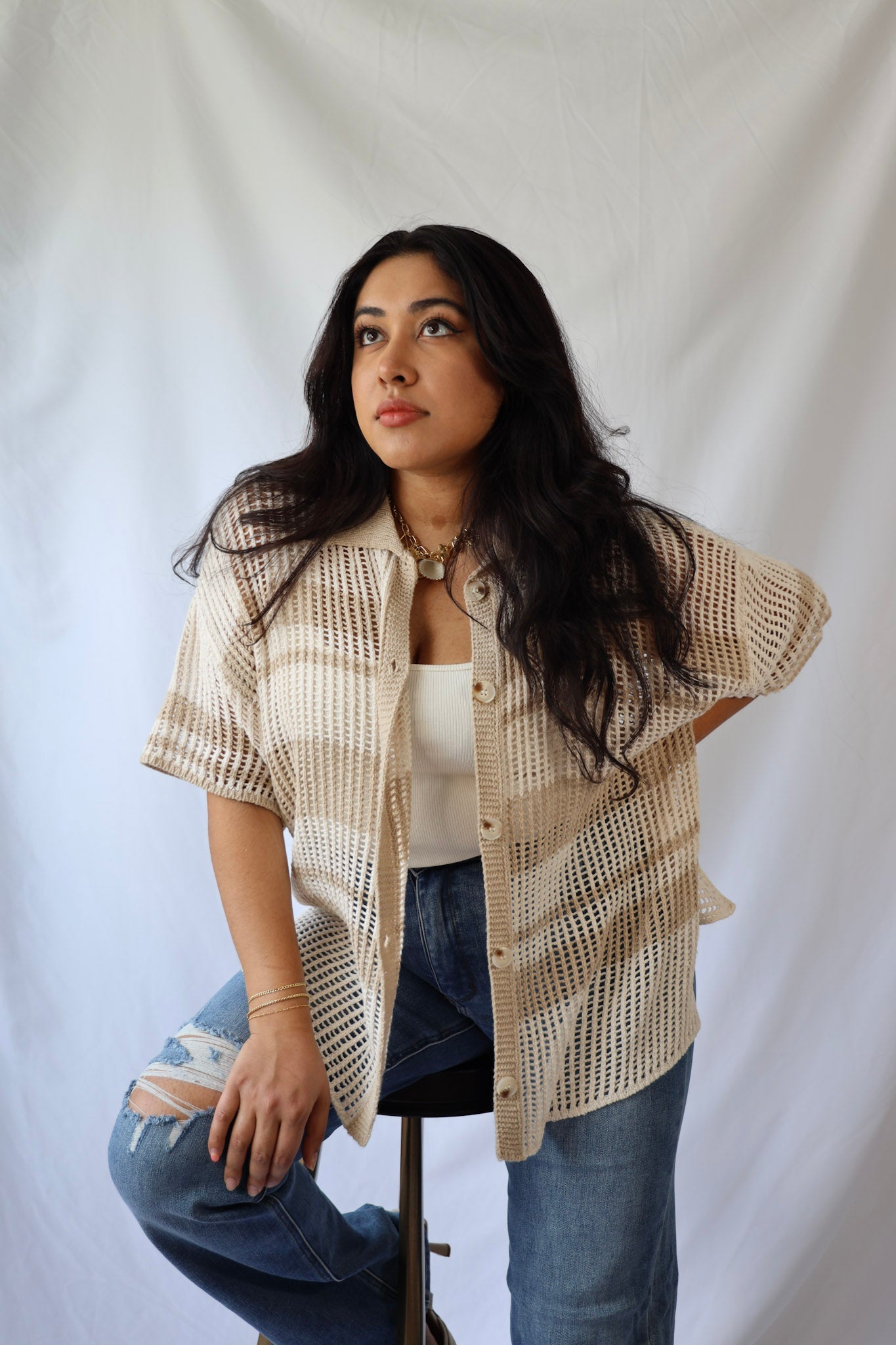 Open Knit Oversized Collar Top