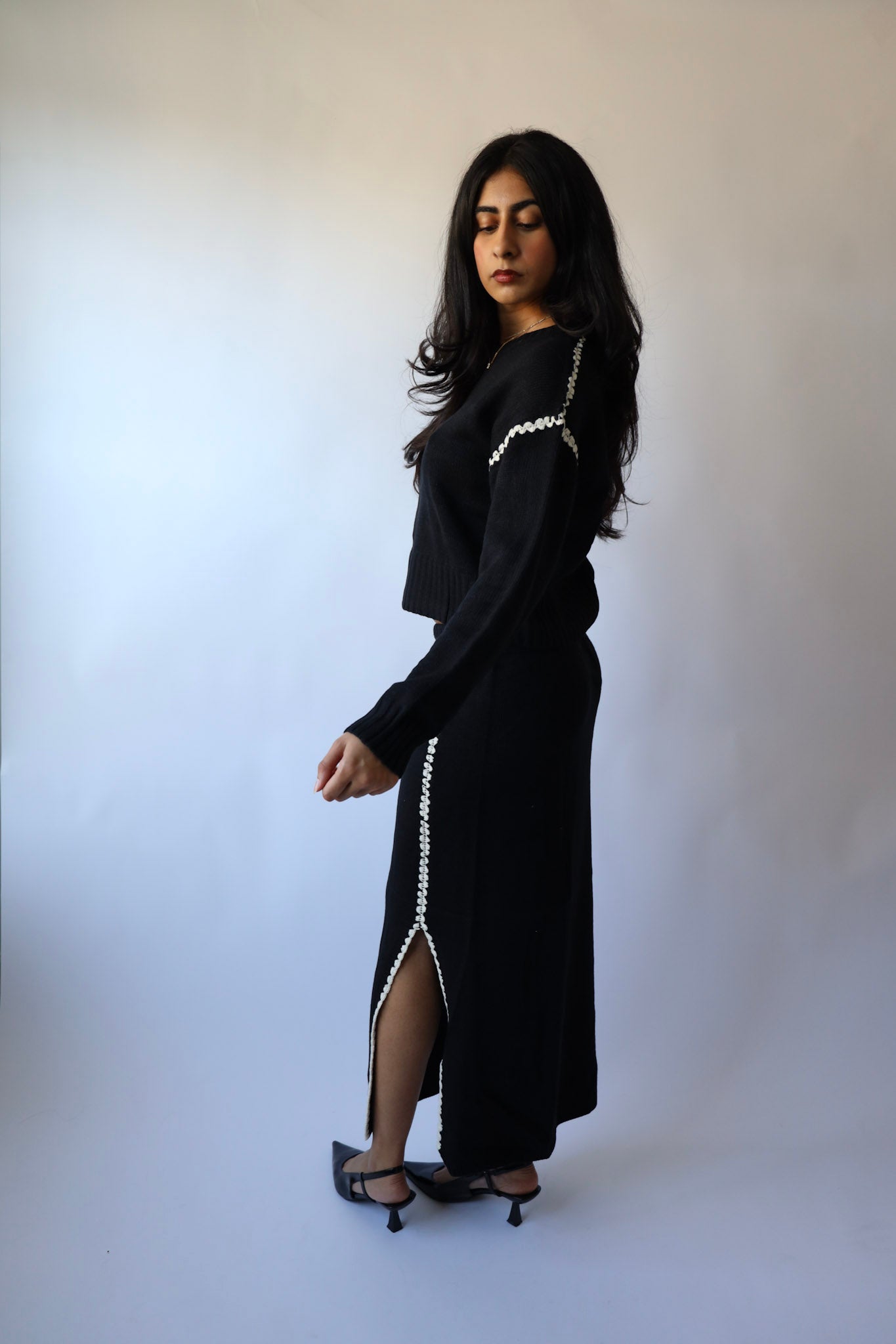 Contrast Stitch Knit Sweater and Long Skirt Set (Sold as a Set)