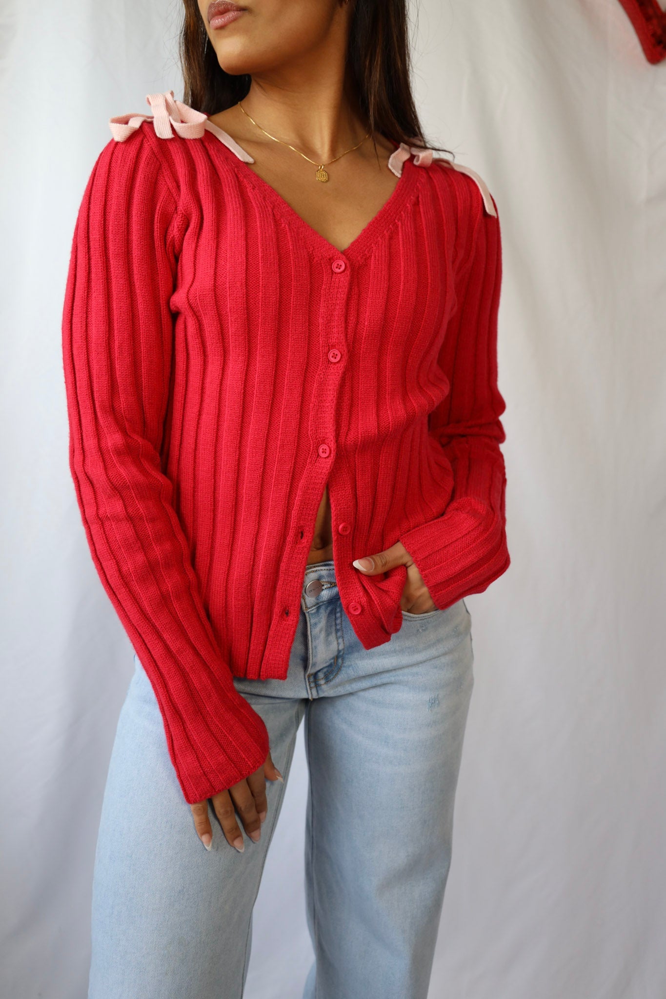 Red Cardigan with Pink Bows