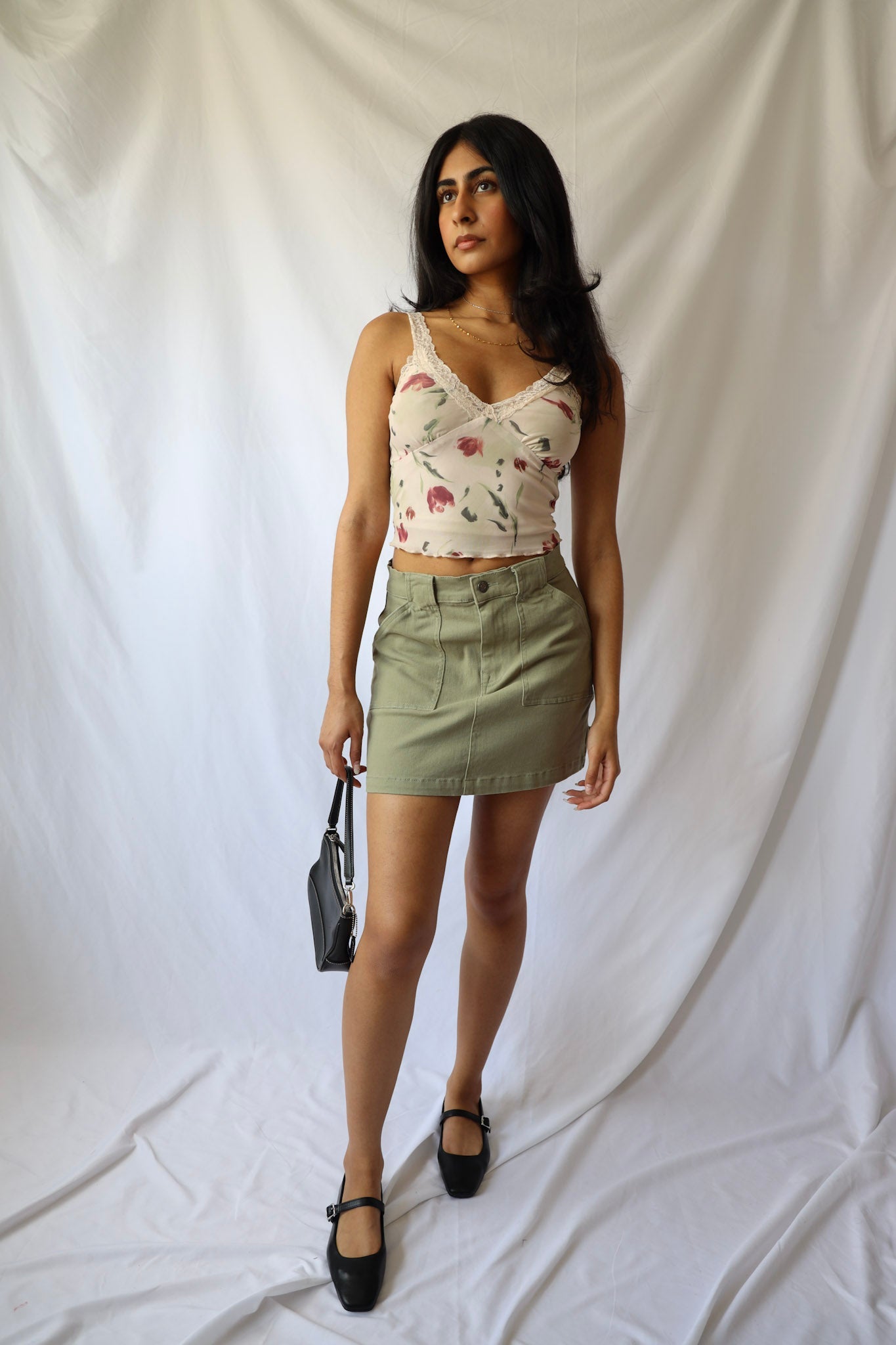 Moody Floral Mesh Lace Shoulder Cami Top