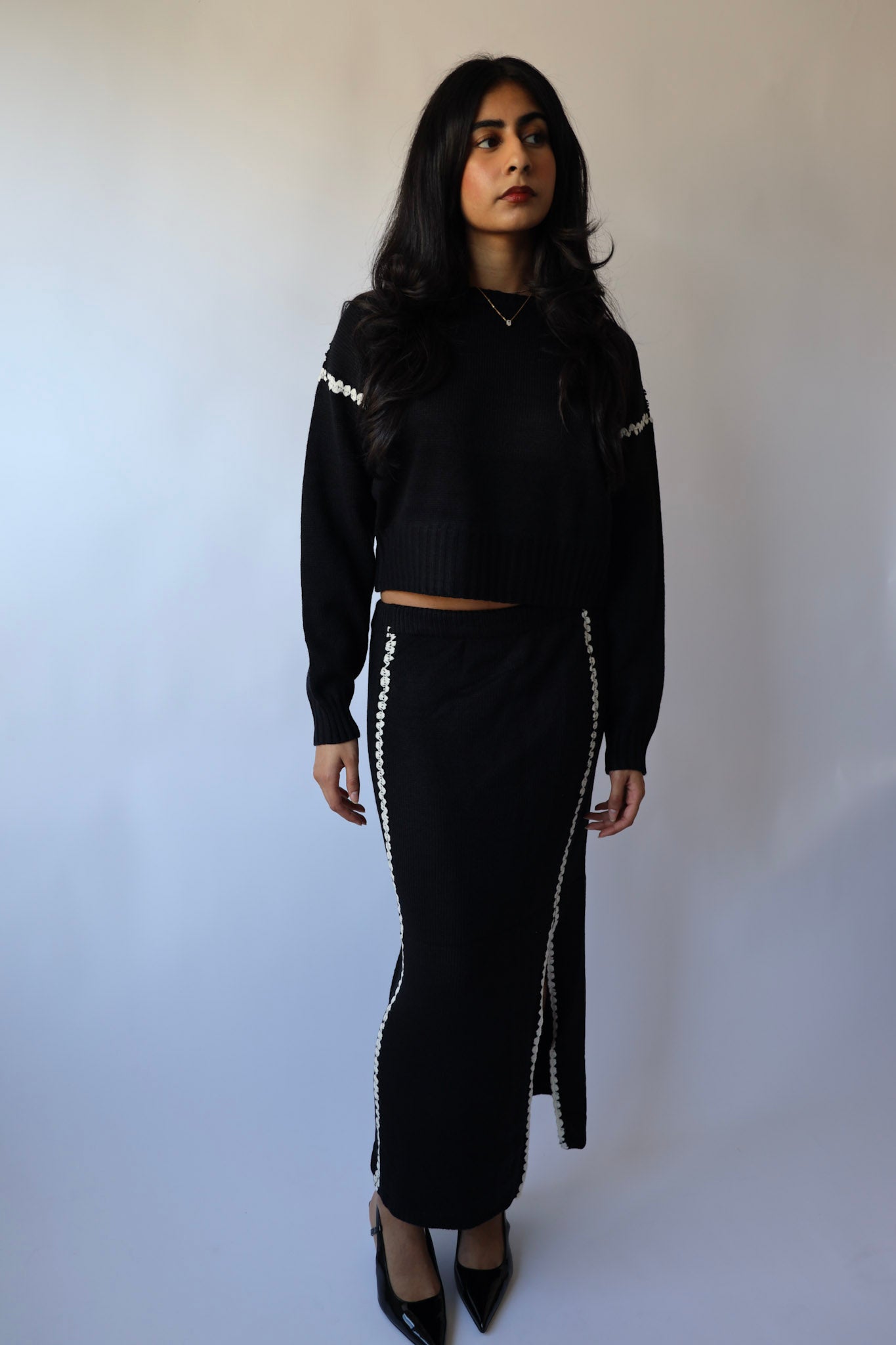 Contrast Stitch Knit Sweater and Long Skirt Set (Sold as a Set)