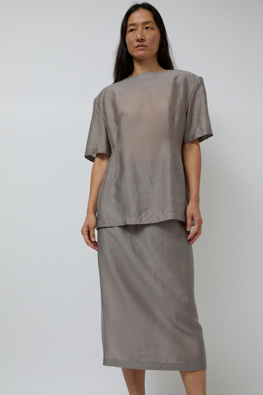 Amomento Silk Oversized Half Shirt in Grey