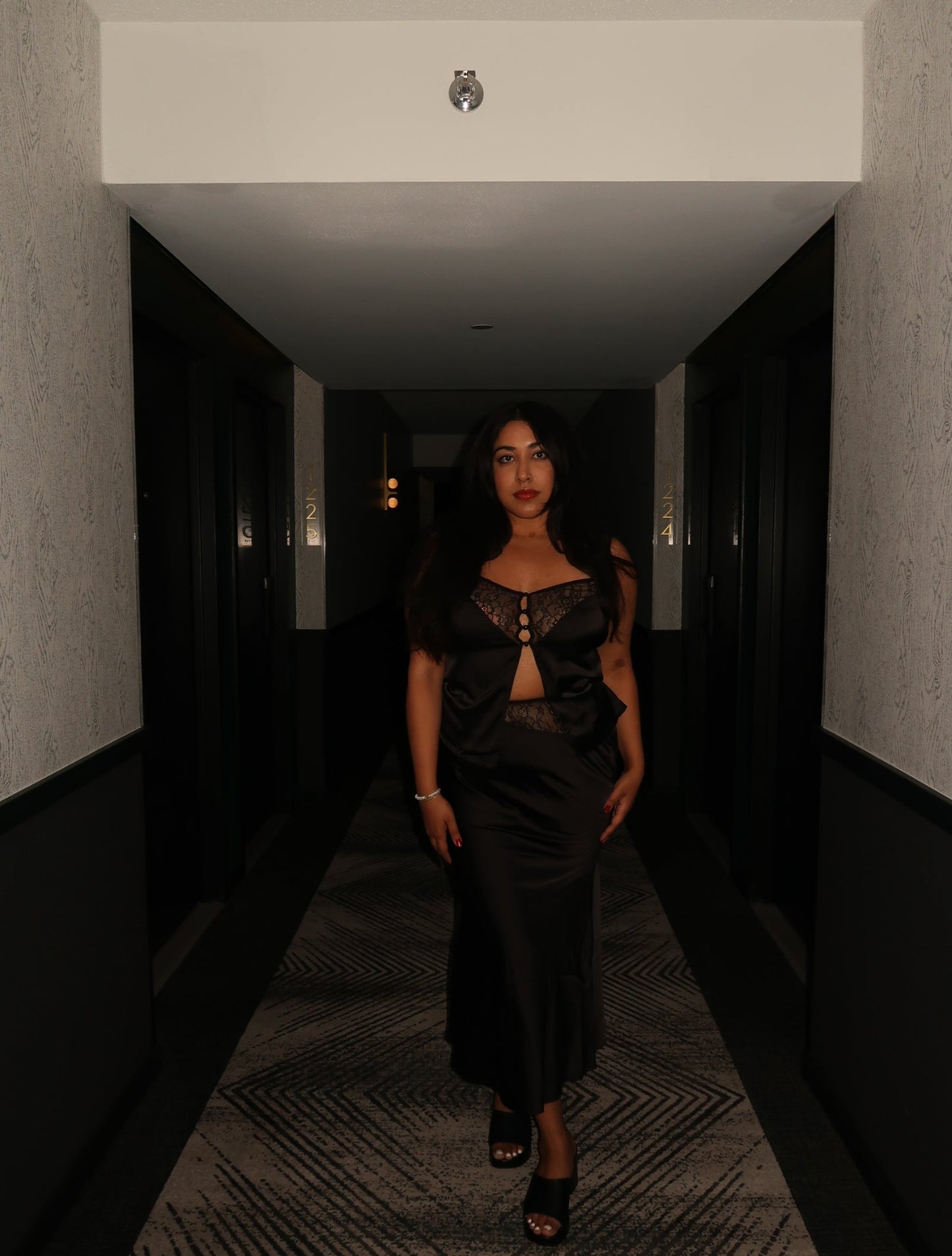 Black Satin Lace Cami and Midi Skirt Set ( Sold as a Set )