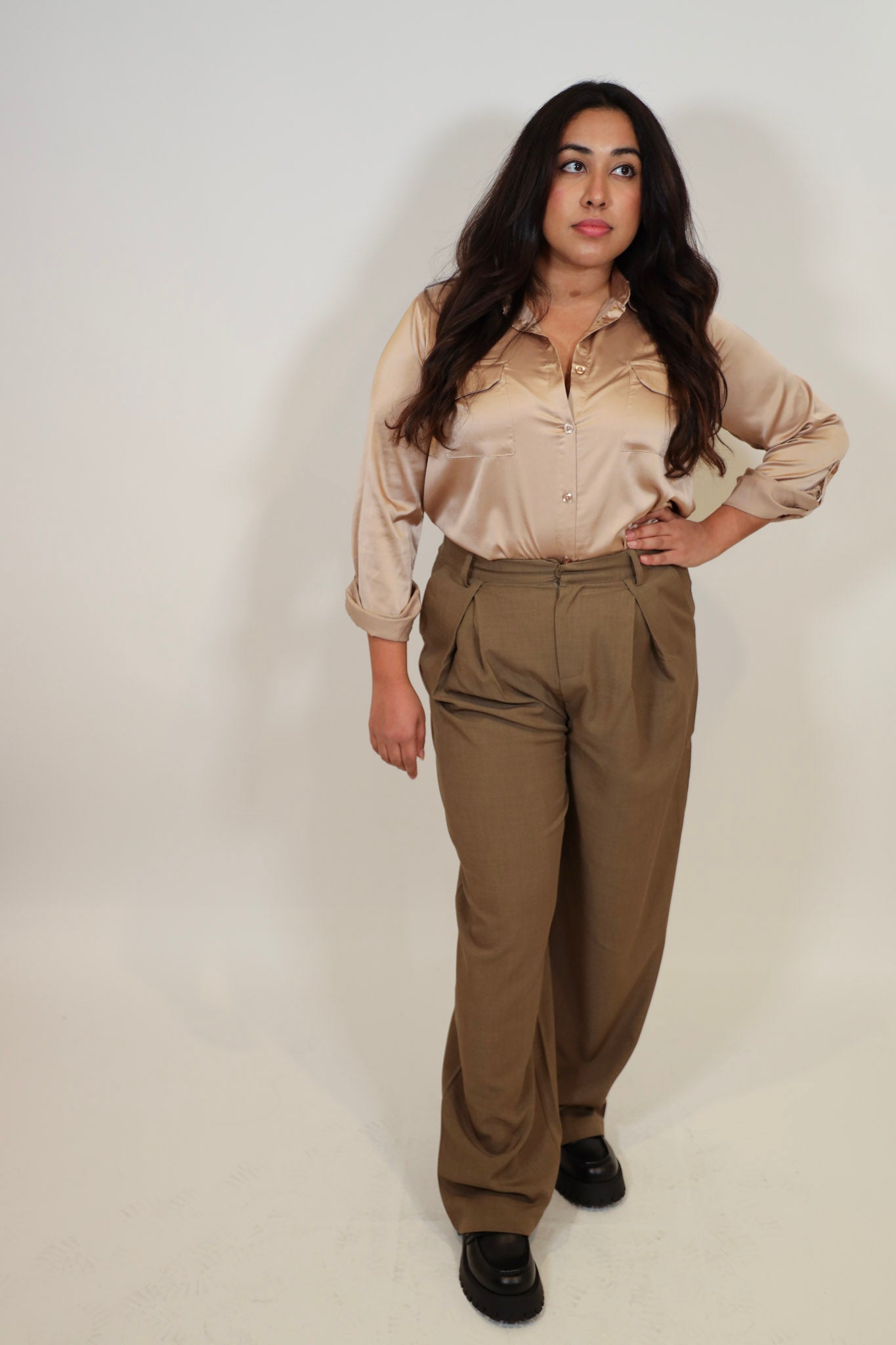 Satin Roll Up Tab Sleeve Woven Top