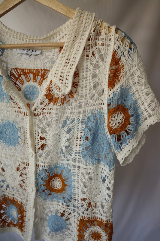 Orange and Blue Crochet Tile Button Down Top