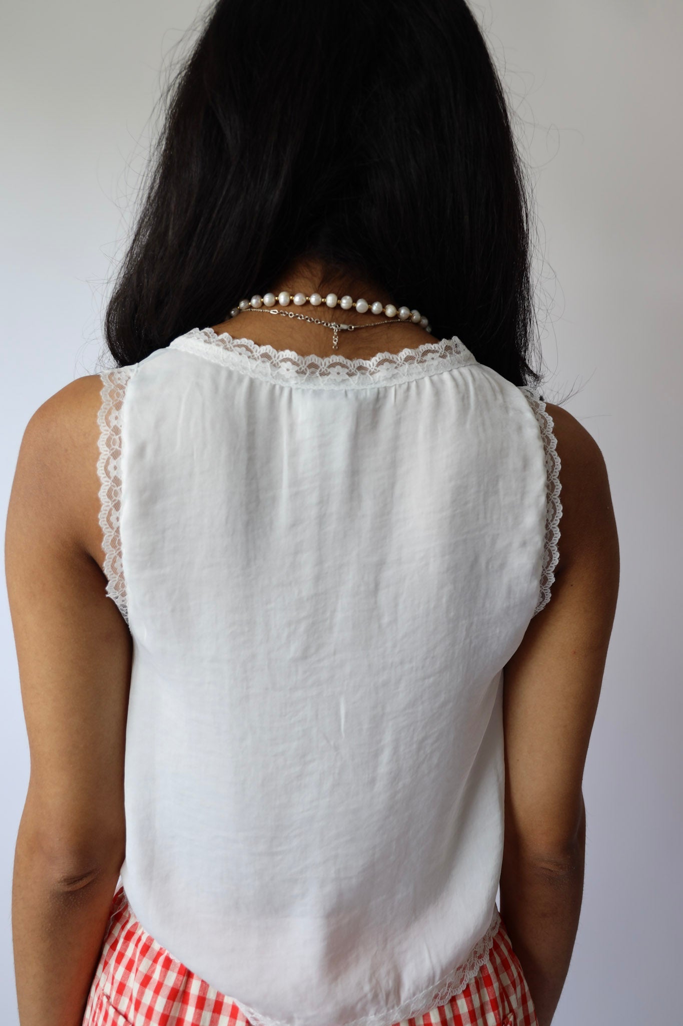 Lace Trim Satin Tie Front Top