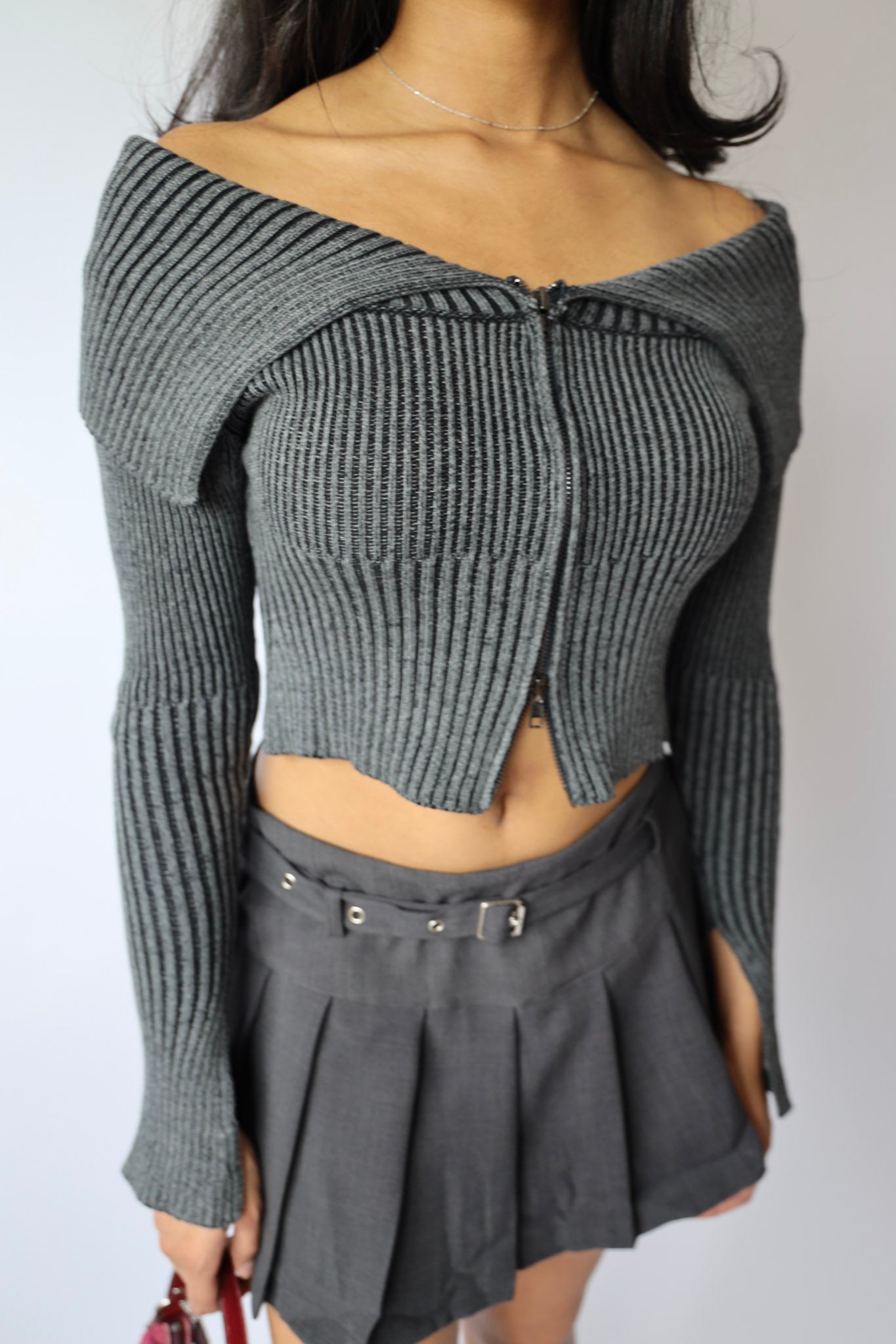 Washed Off-Shoulder Zip-Front Sweater Top
