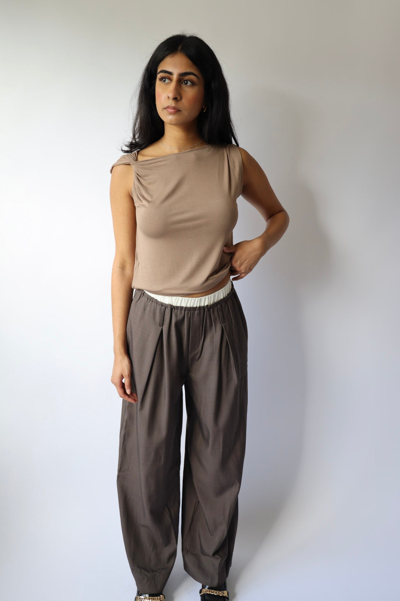 Latte Draped Shoulder Top