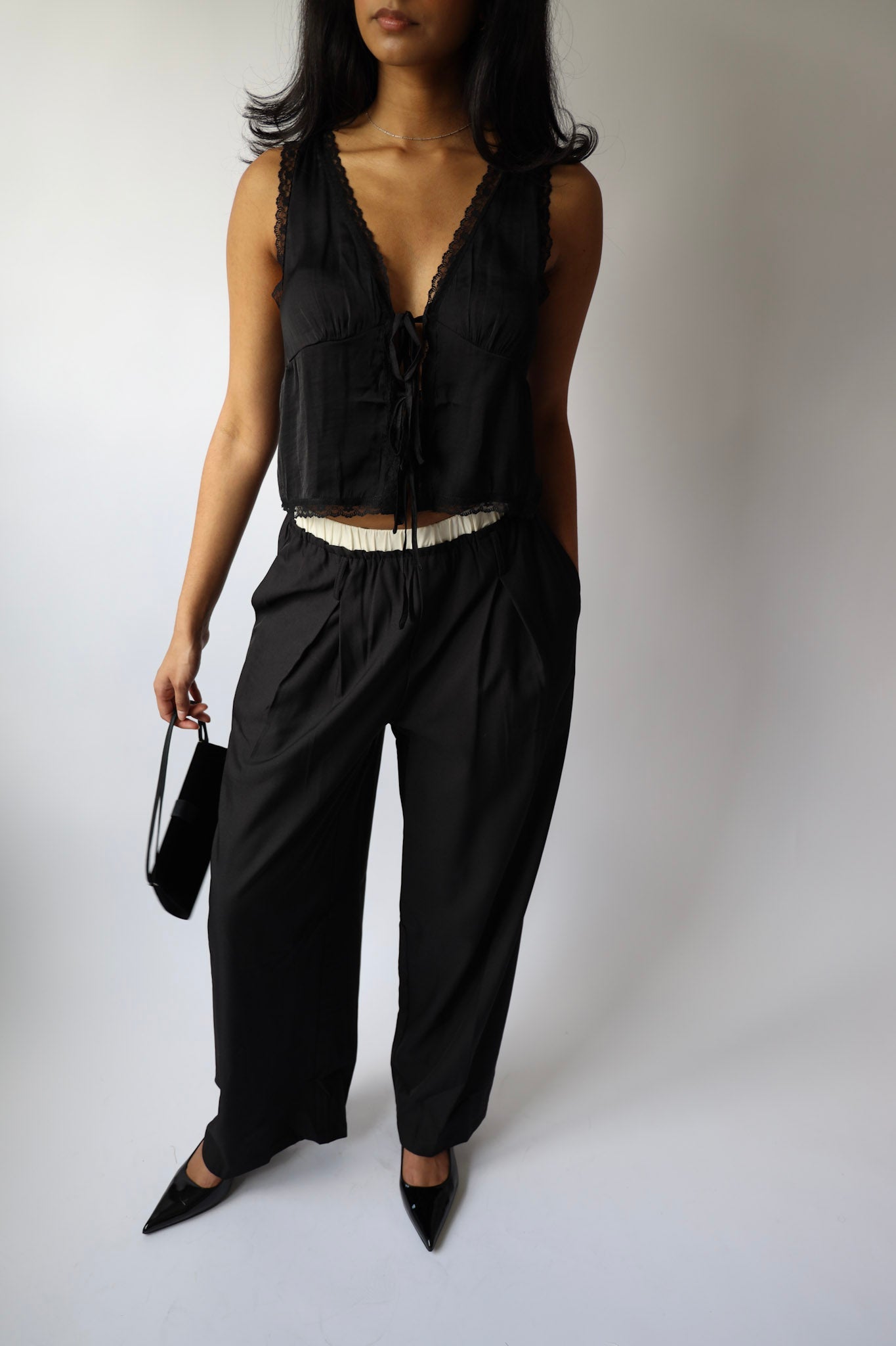 Lace Trim Satin Tie Front Top