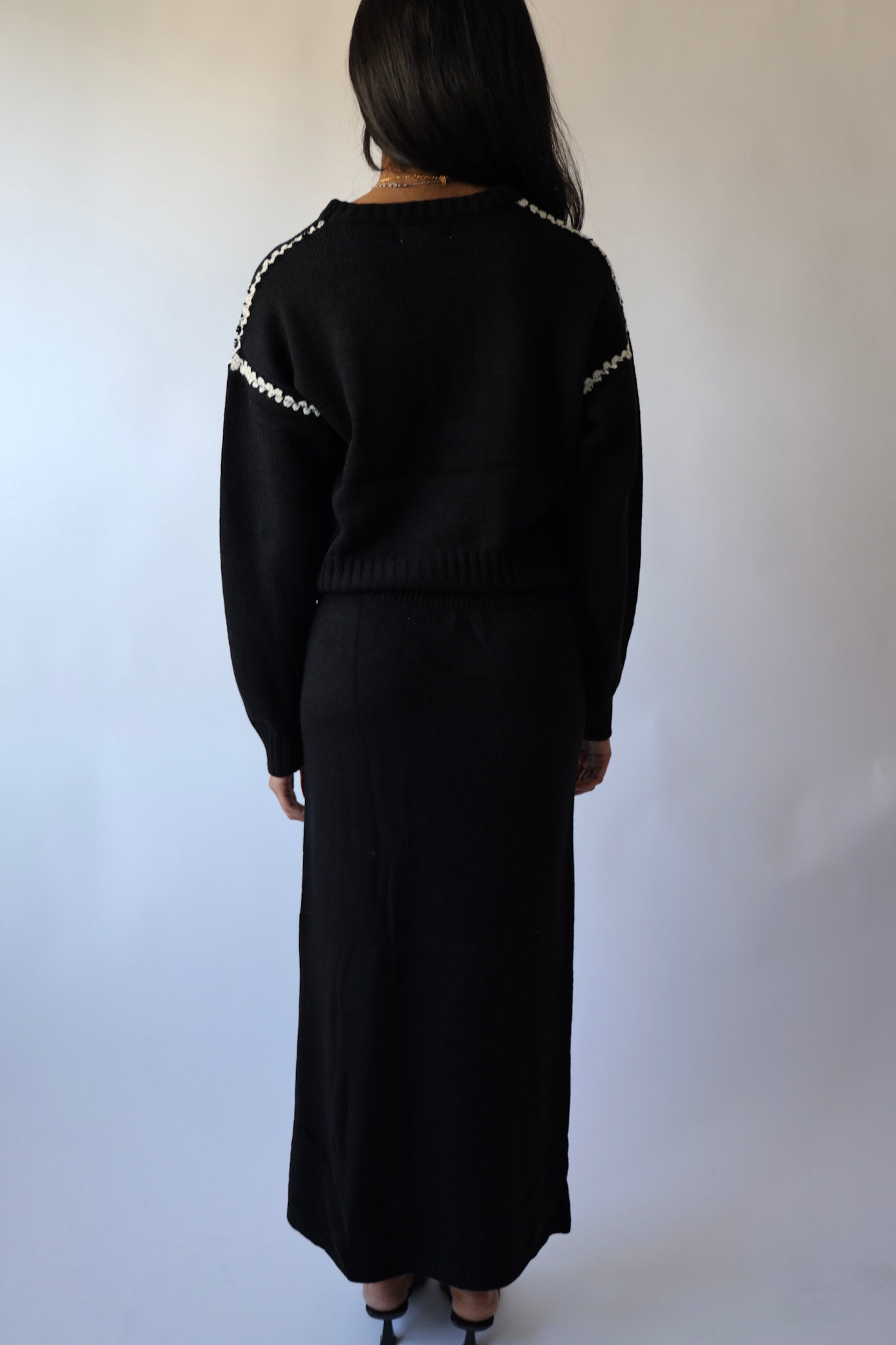 Contrast Stitch Knit Sweater and Long Skirt Set (Sold as a Set)