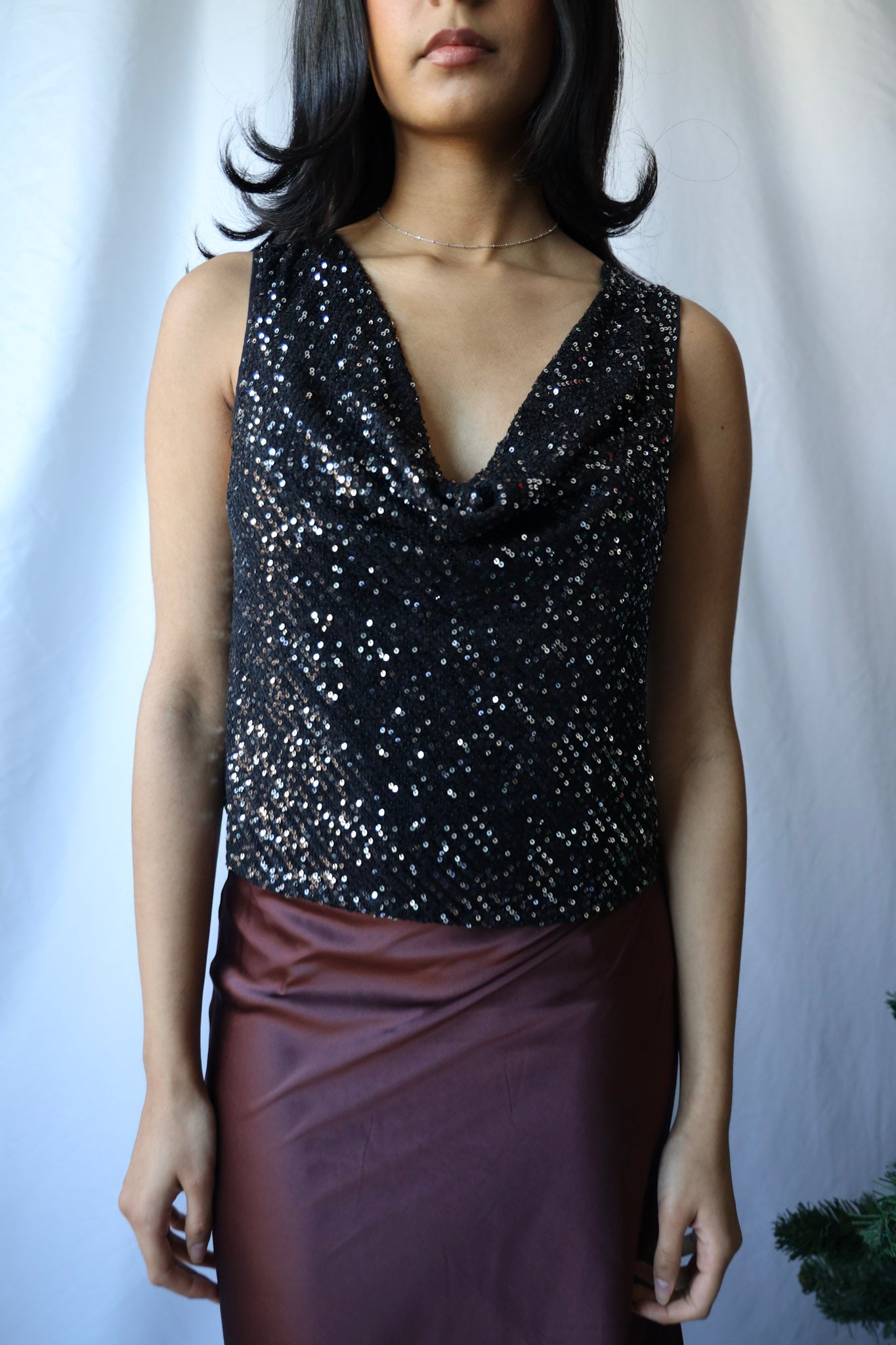 Sleeveless Cowl Neck Sequin Crop Top