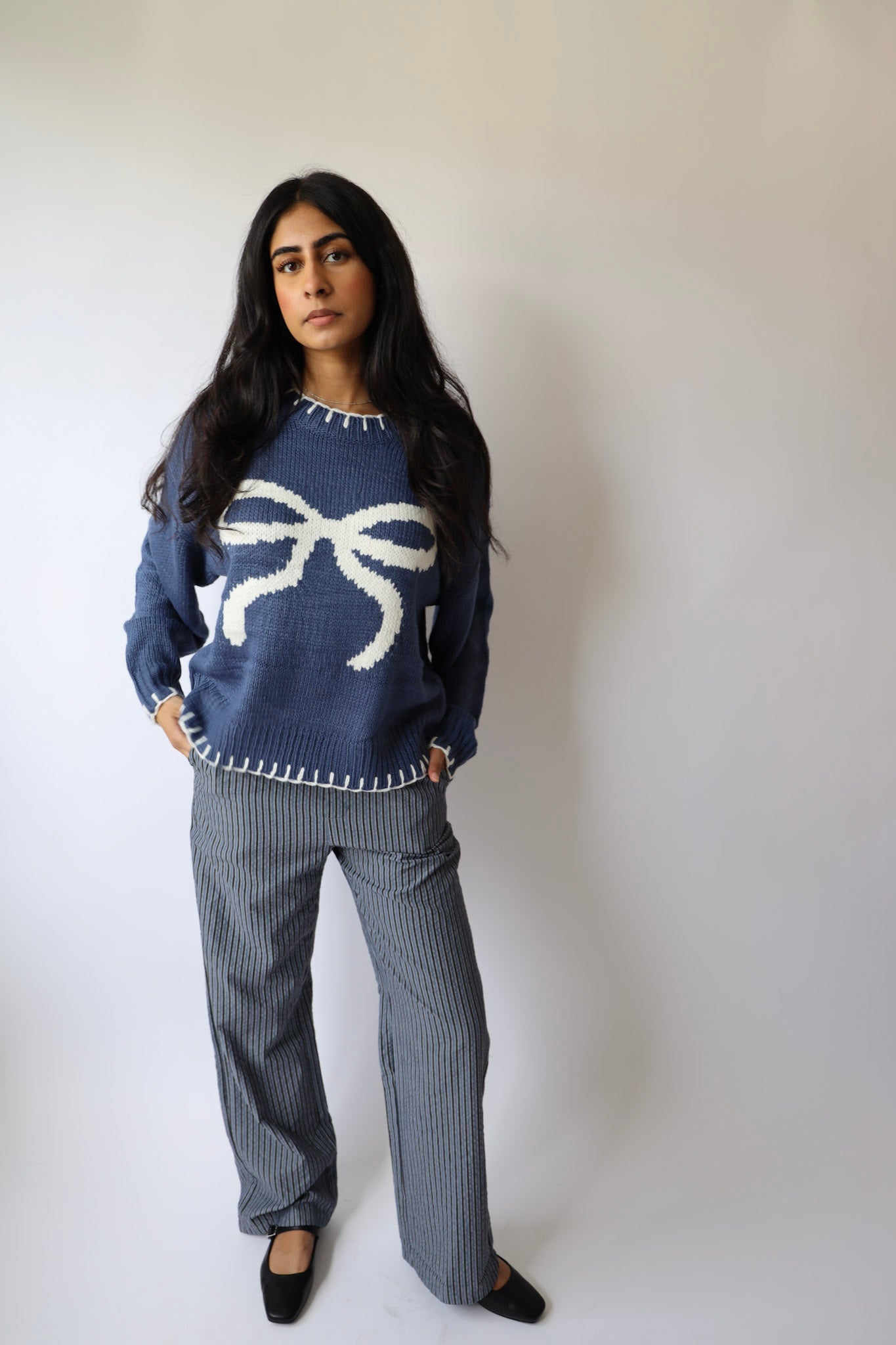 Ribbon Sweater with Stitched Hem