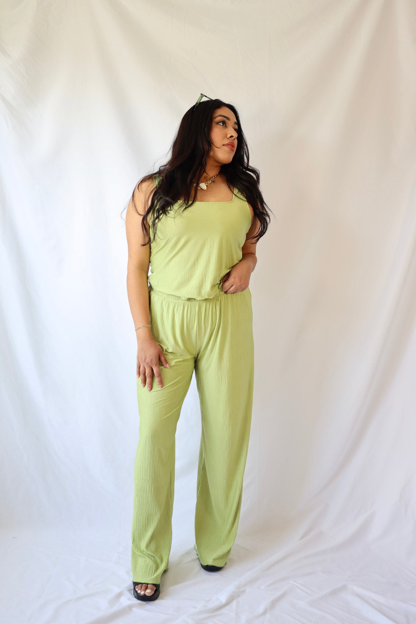 Green Square Neck Pleated Top