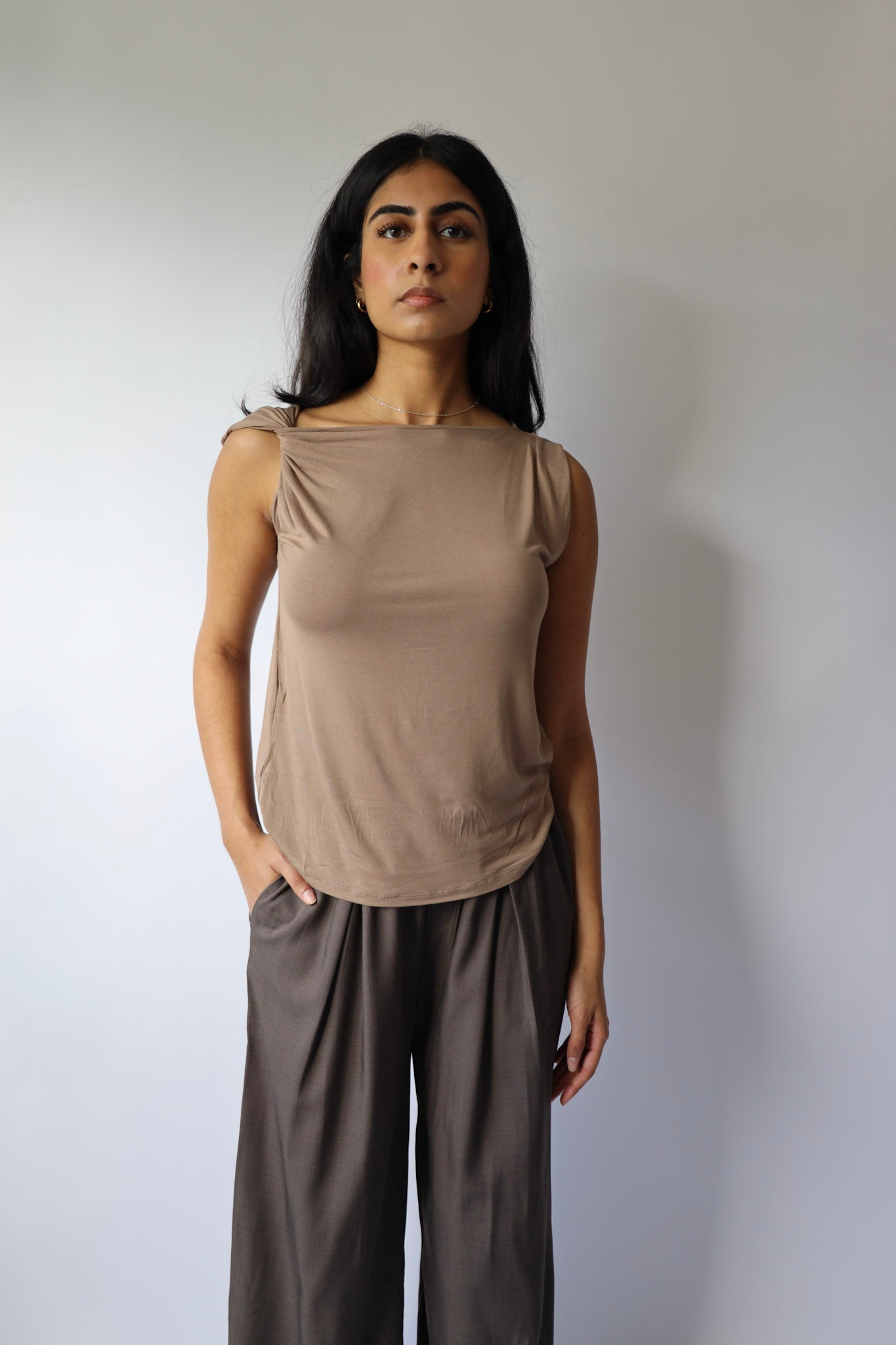Latte Draped Shoulder Top