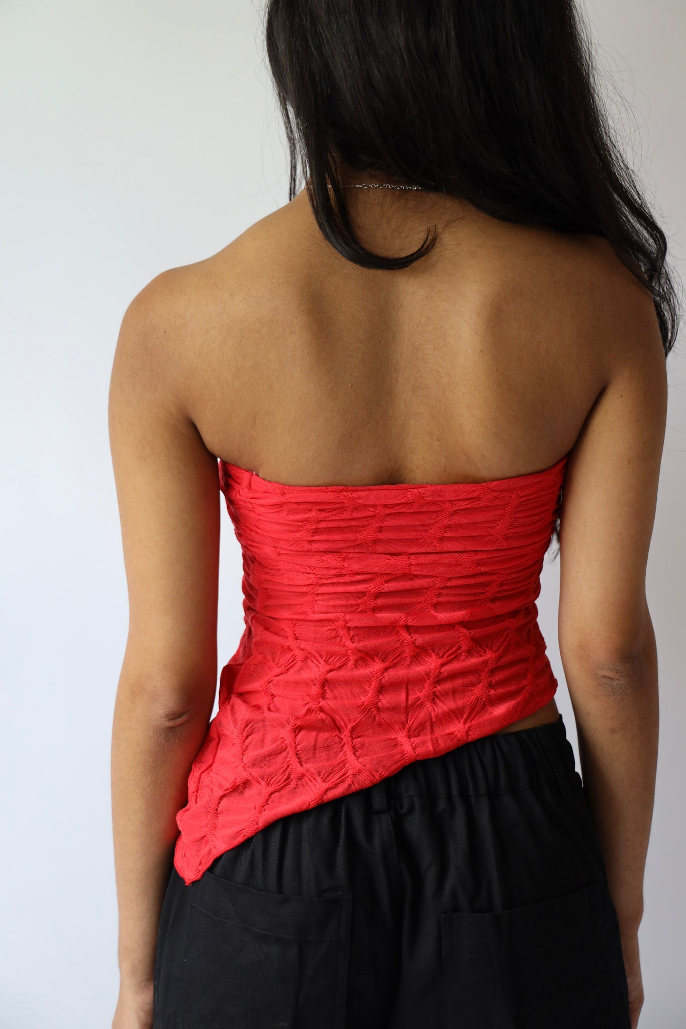 Red Textured Asymmetrical Tube Top