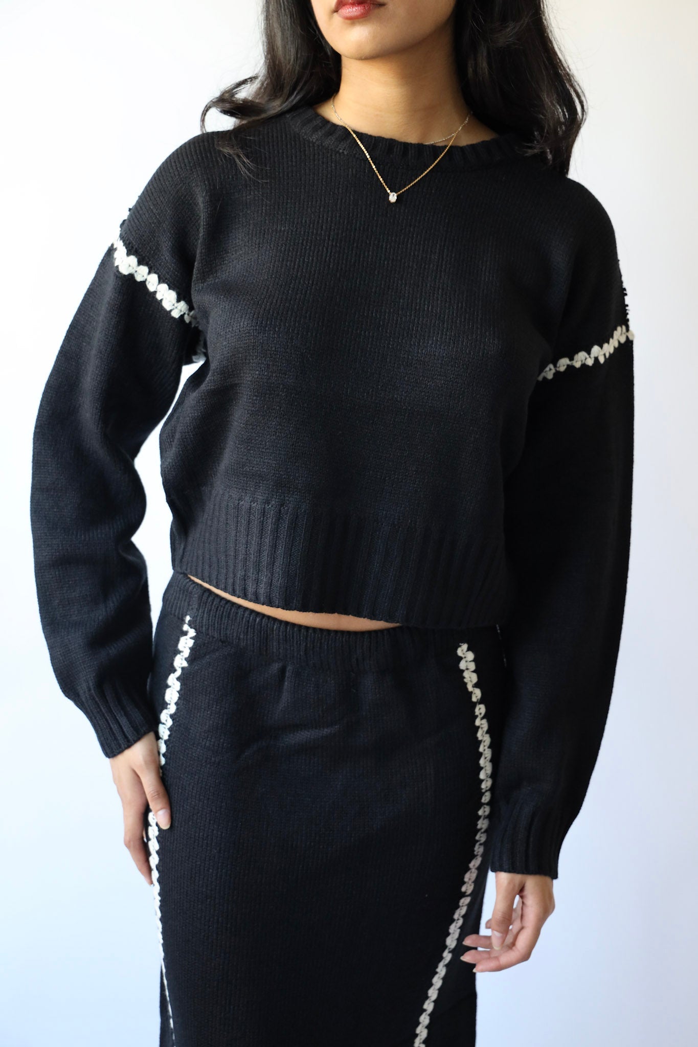 Contrast Stitch Knit Sweater and Long Skirt Set (Sold as a Set)