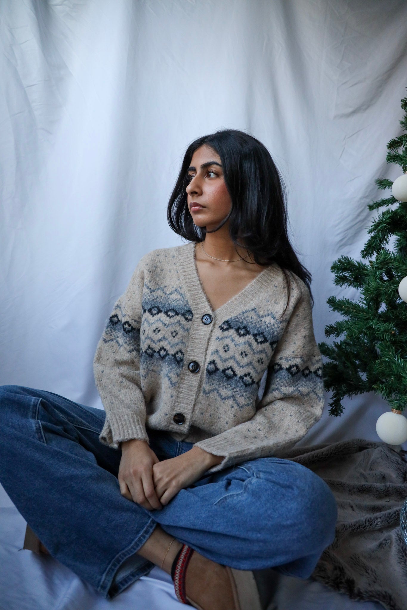 Cream and Blue Argyle Cardigan